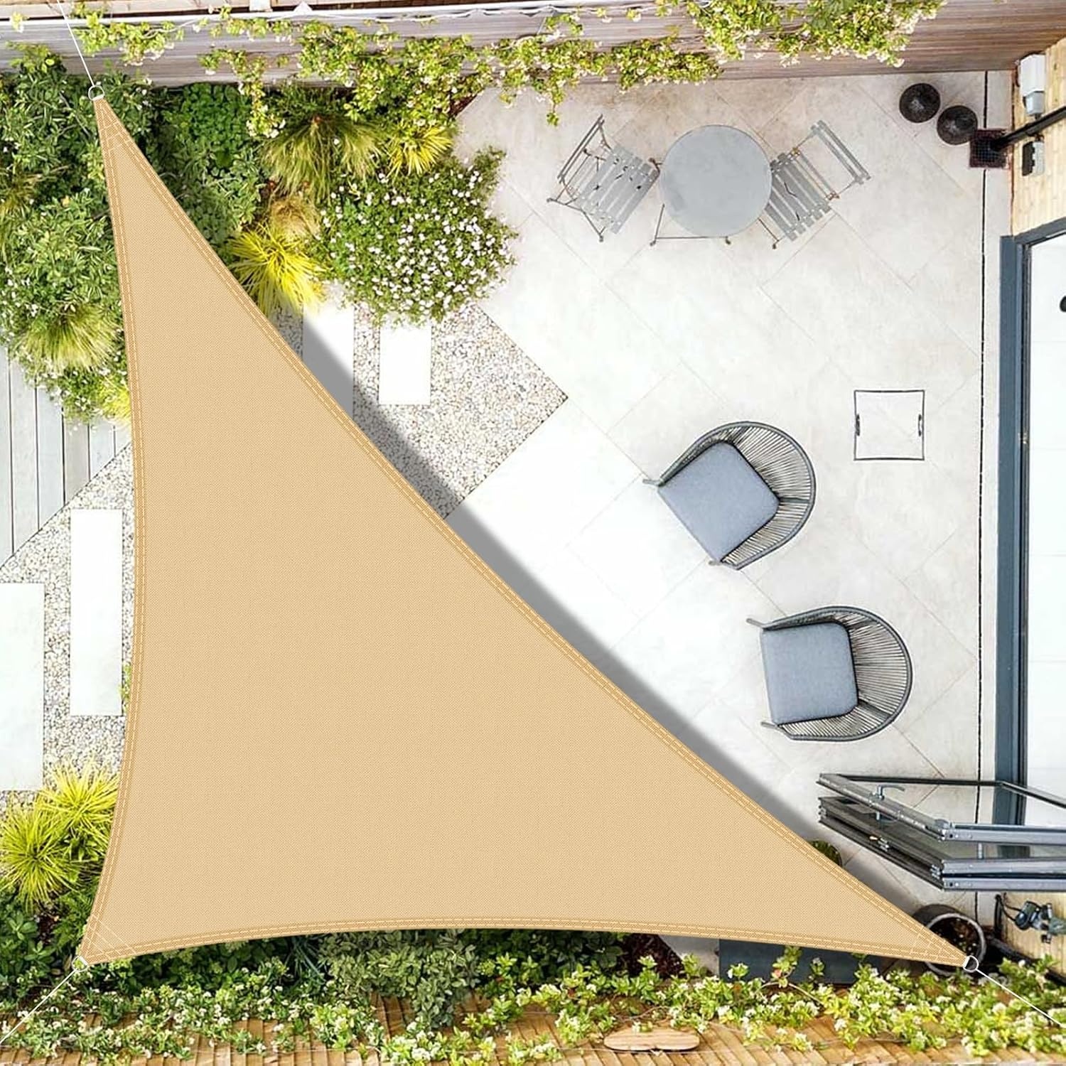 AXT SHADE Schaduwzeil 5x5x7m Driehoek Waterdicht 95% UV-Bestending voor Buiten Luifel Balkon Tuin-Zand