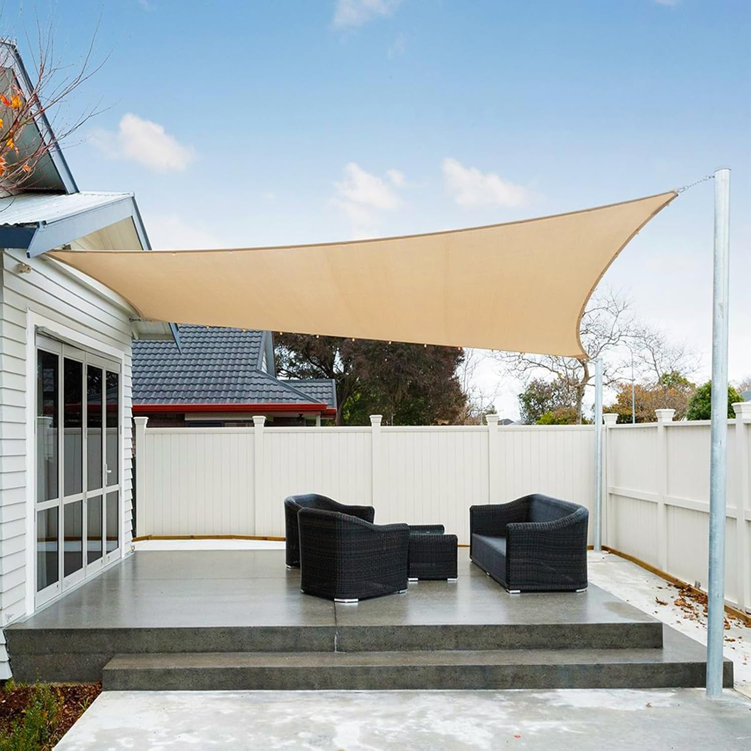 AXT SHADE Schaduwzeil 5x5x7m Driehoek Waterdicht 95% UV-Bestending voor Buiten Luifel Balkon Tuin-Zand
