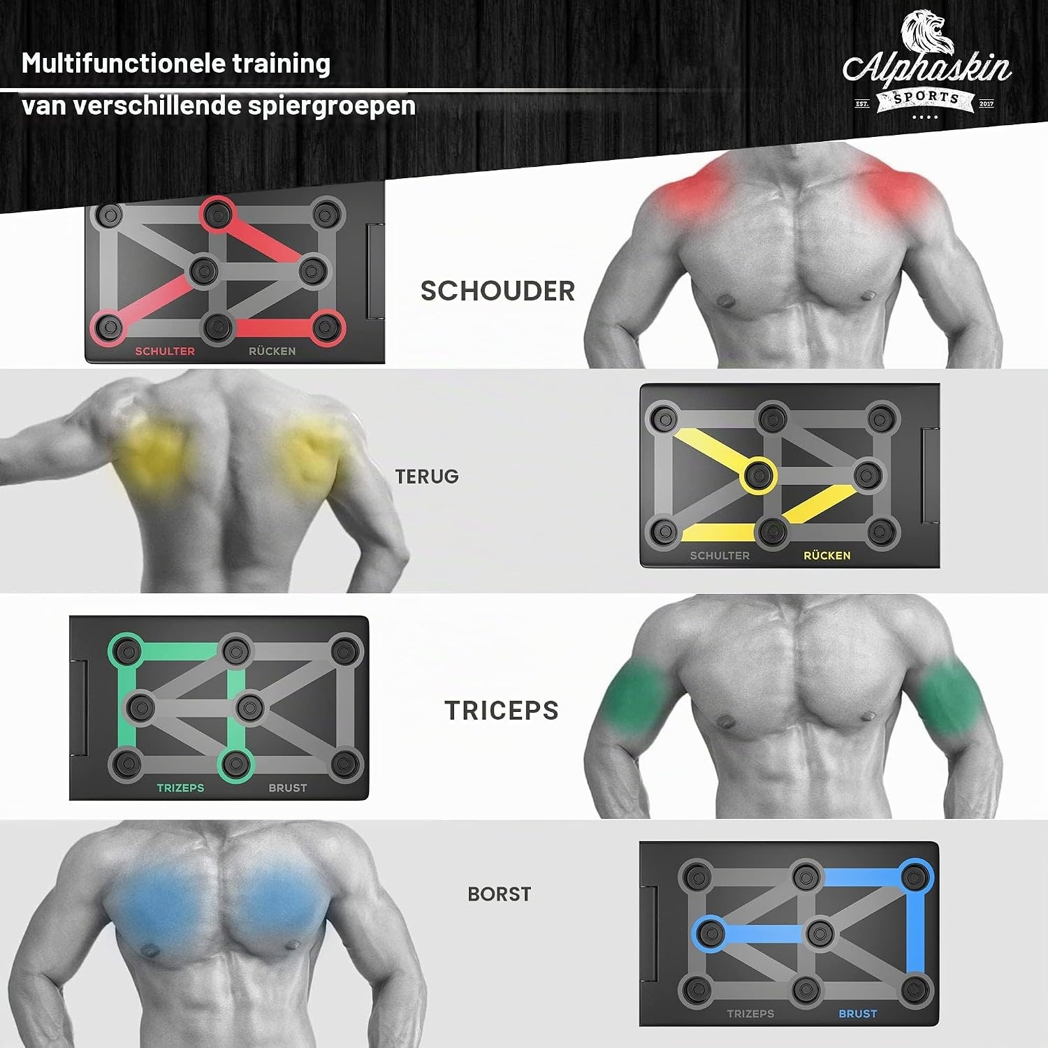 ALPHASKIN® Premium push-up board set I push-up handvatten home workout I 9 in 1 push up board I home gym I fitnessapparatuur voor thuis