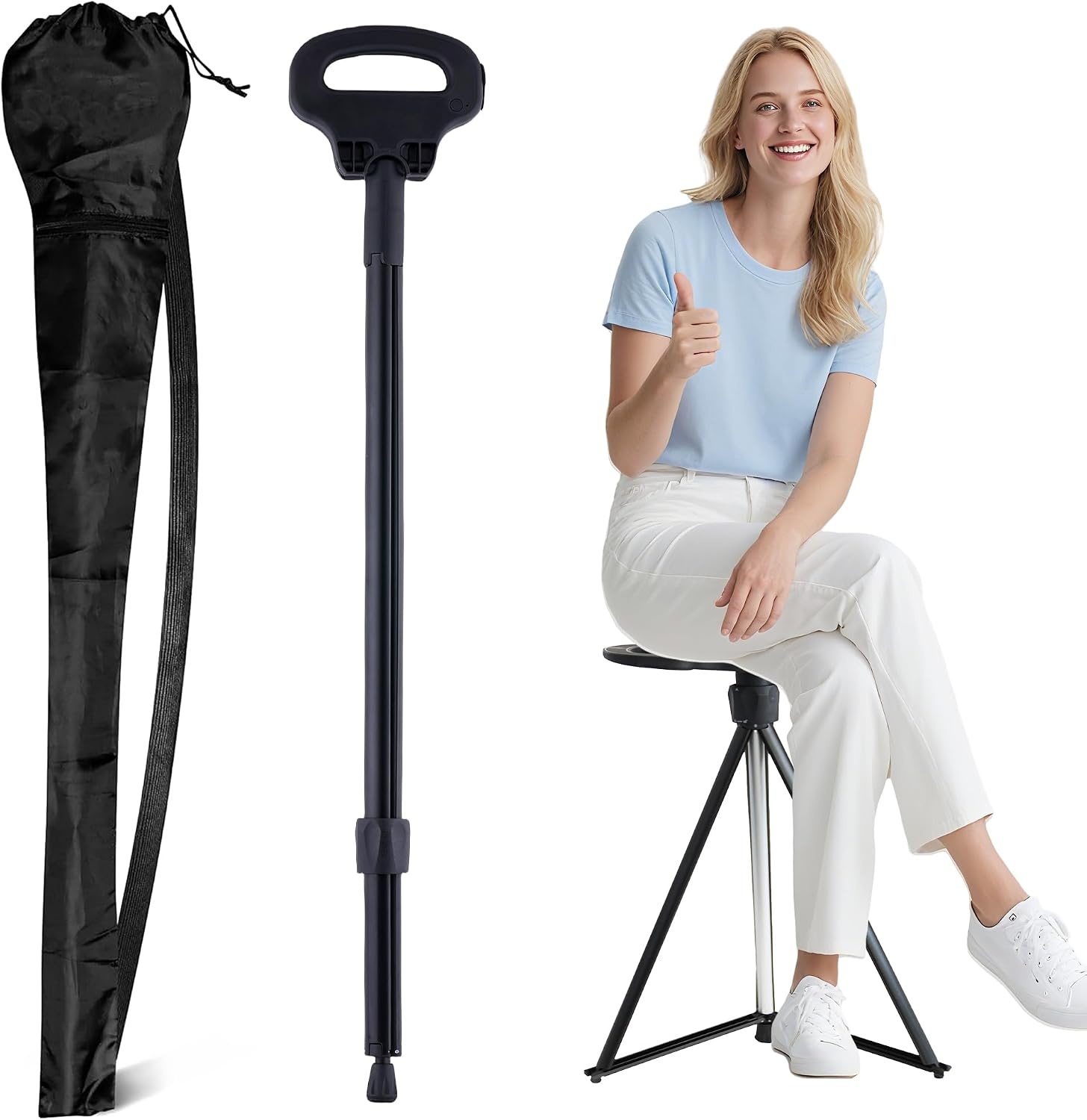 ALEVMOOM Wandelstok met stoel opvouwbare lichtgewicht, 2-in-1 wandelstok voor volwassenen, aluminium wandelstok met stoel, draagbare kruk voor senioren-zwart 34"/0,8 kg