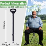 ALEVMOOM Wandelstok met stoel opvouwbare lichtgewicht, 2-in-1 wandelstok voor volwassenen, aluminium wandelstok met stoel, draagbare kruk voor senioren-zwart 34"/0,8 kg