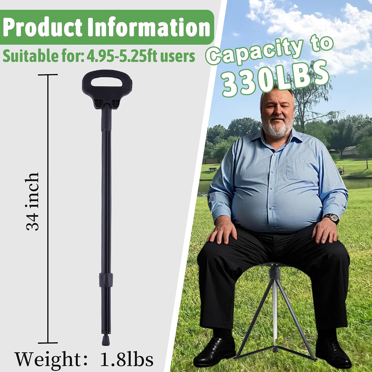 ALEVMOOM Wandelstok met stoel opvouwbare lichtgewicht, 2-in-1 wandelstok voor volwassenen, aluminium wandelstok met stoel, draagbare kruk voor senioren-zwart 34"/0,8 kg