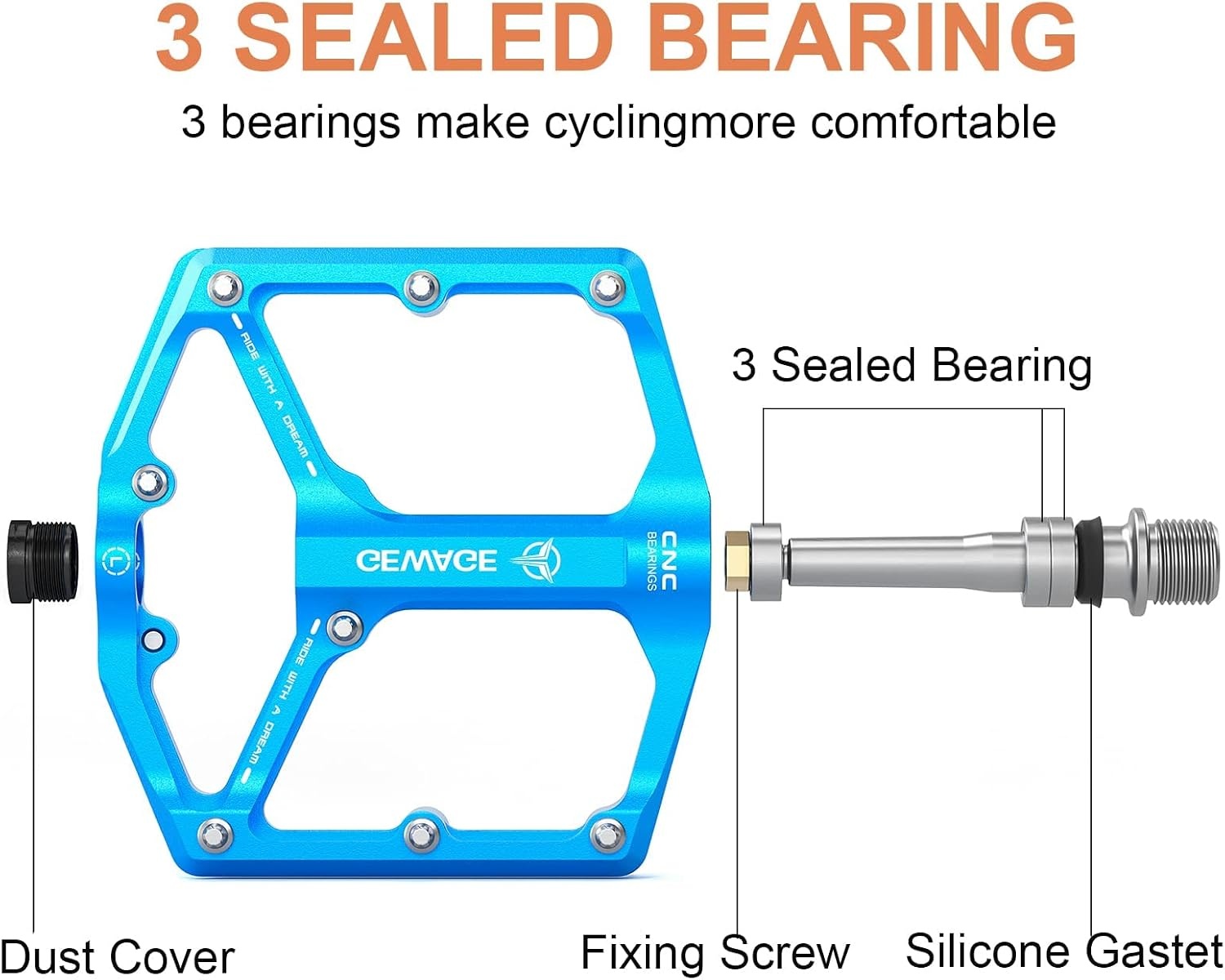 GEWAGE Bicycle Pedals for Road Bike/Mountain Bike, 3 Bearings, CNC Machined, 9/16 inch, Flat Pedals, with Detachable Non-Slip Pins