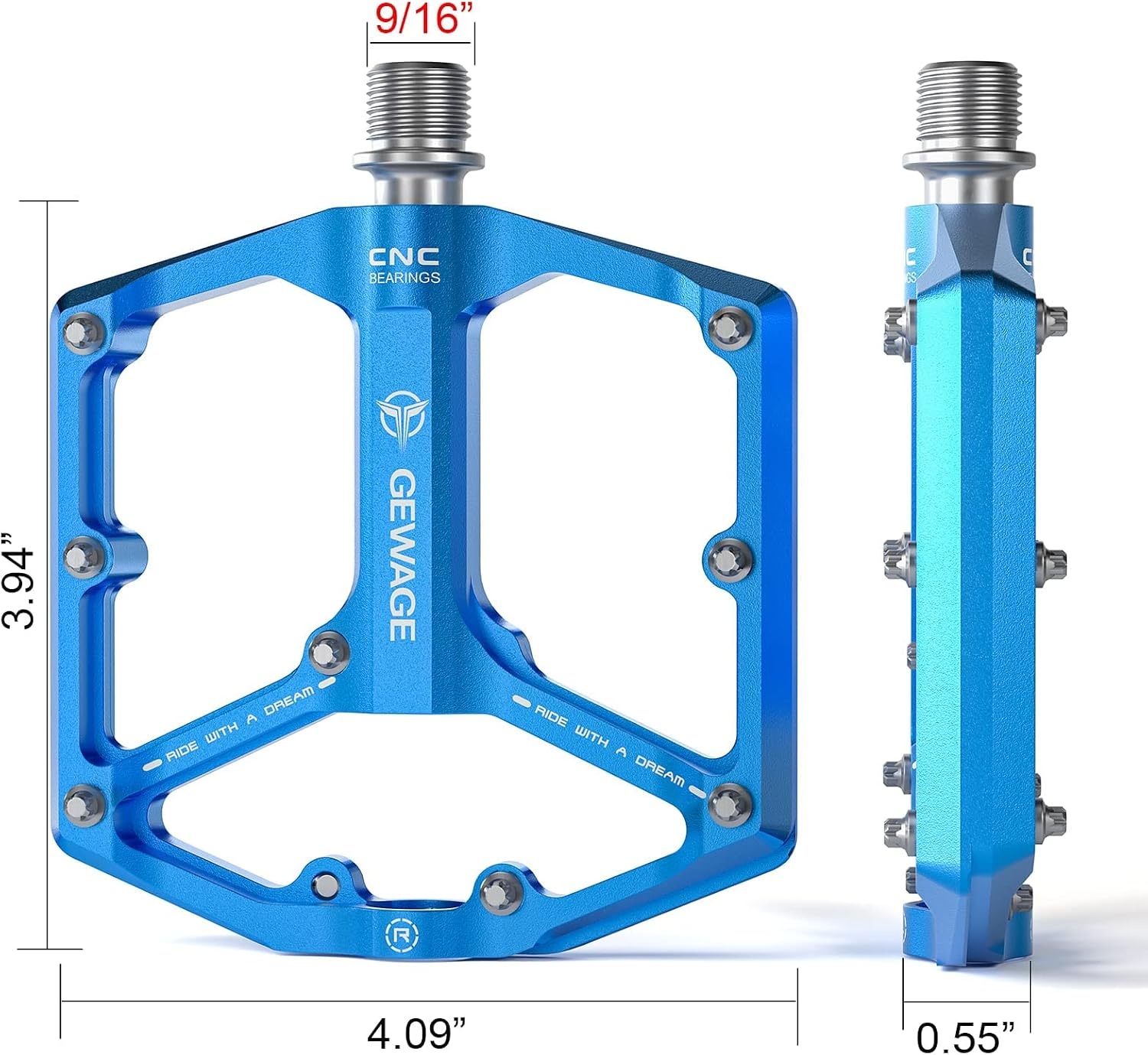GEWAGE Bicycle Pedals for Road Bike/Mountain Bike, 3 Bearings, CNC Machined, 9/16 inch, Flat Pedals, with Detachable Non-Slip Pins