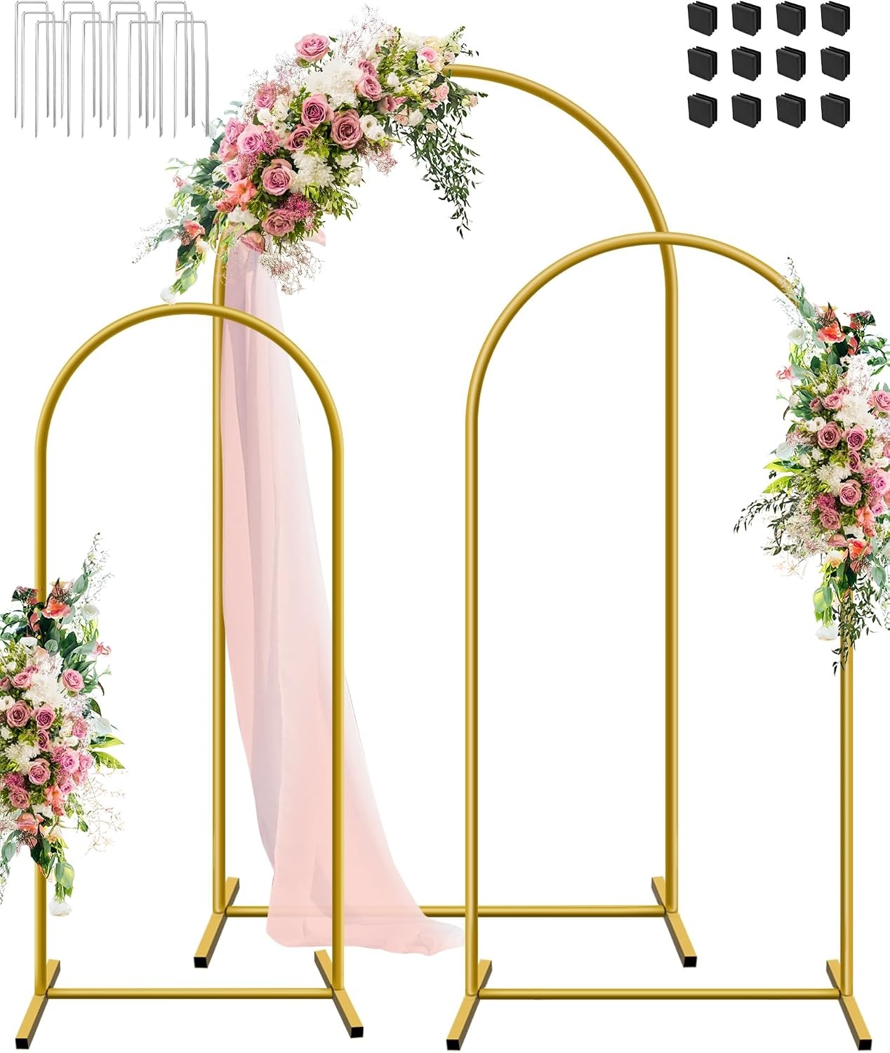 Boog Achtergrond Stand Set van 3, 1,8 m 2 m 2,2 m Metalen boog Achtergrond Stand, Gouden Ballon Gebogen Frame voor Bruiloft, Verjaardag, Feest, Halloween, Tuin Bloemen Boog Decoratie (6ft 6ft