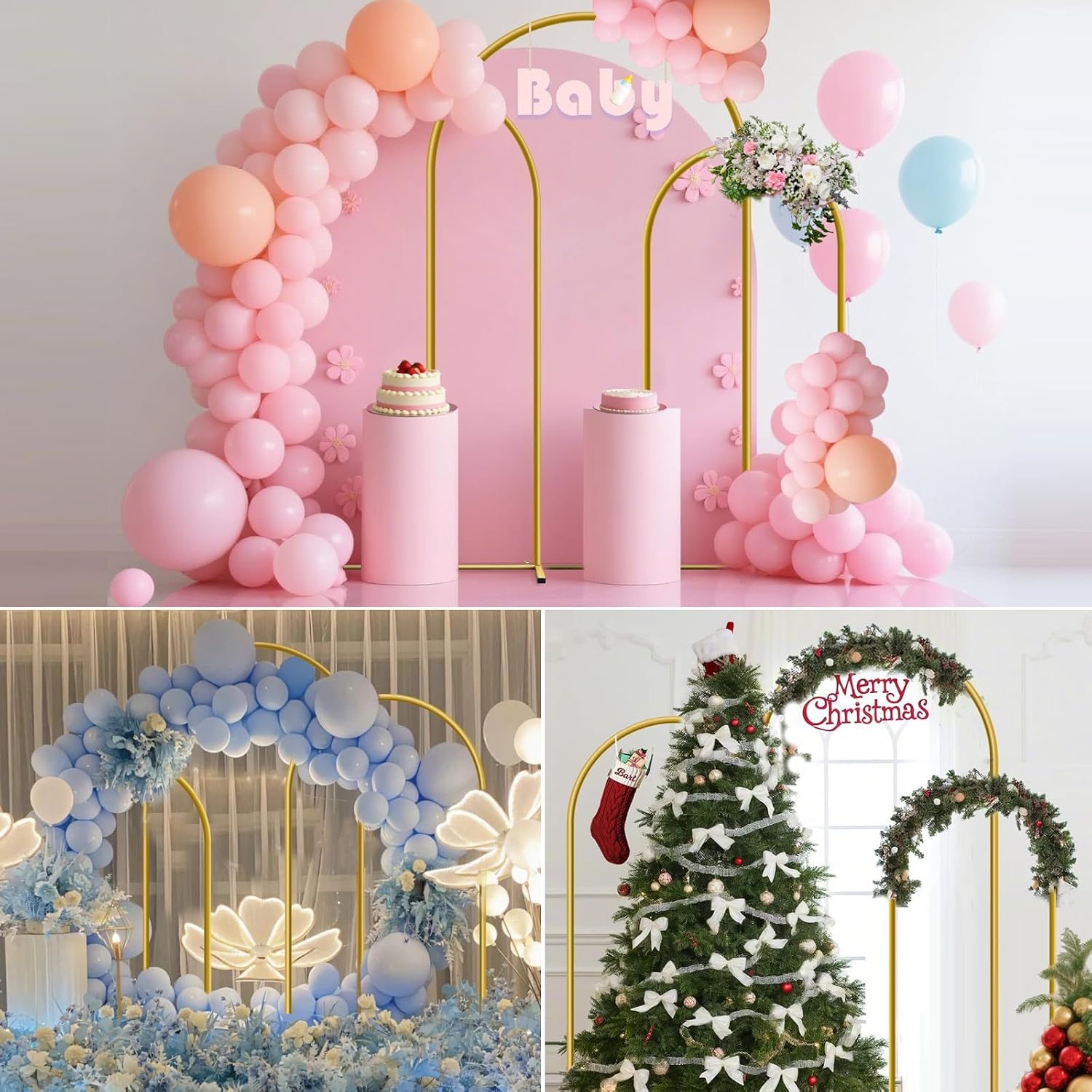 Boog Achtergrond Stand Set van 3, 1,8 m 2 m 2,2 m Metalen boog Achtergrond Stand, Gouden Ballon Gebogen Frame voor Bruiloft, Verjaardag, Feest, Halloween, Tuin Bloemen Boog Decoratie (6ft 6ft