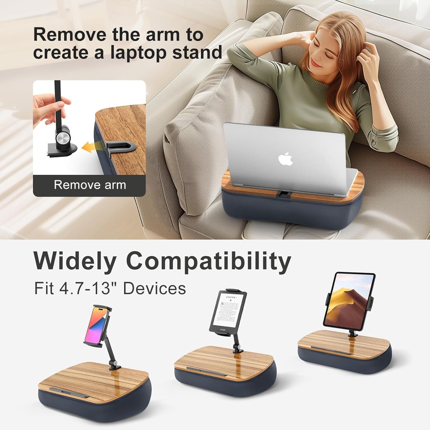 Tabletkussenhouder met verstelbare arm, compatibel met iPad, Kindle, mobiele telefoon (4,7-13 inch), schootbureau om handsfree te lezen in bed, bank (grijs)
