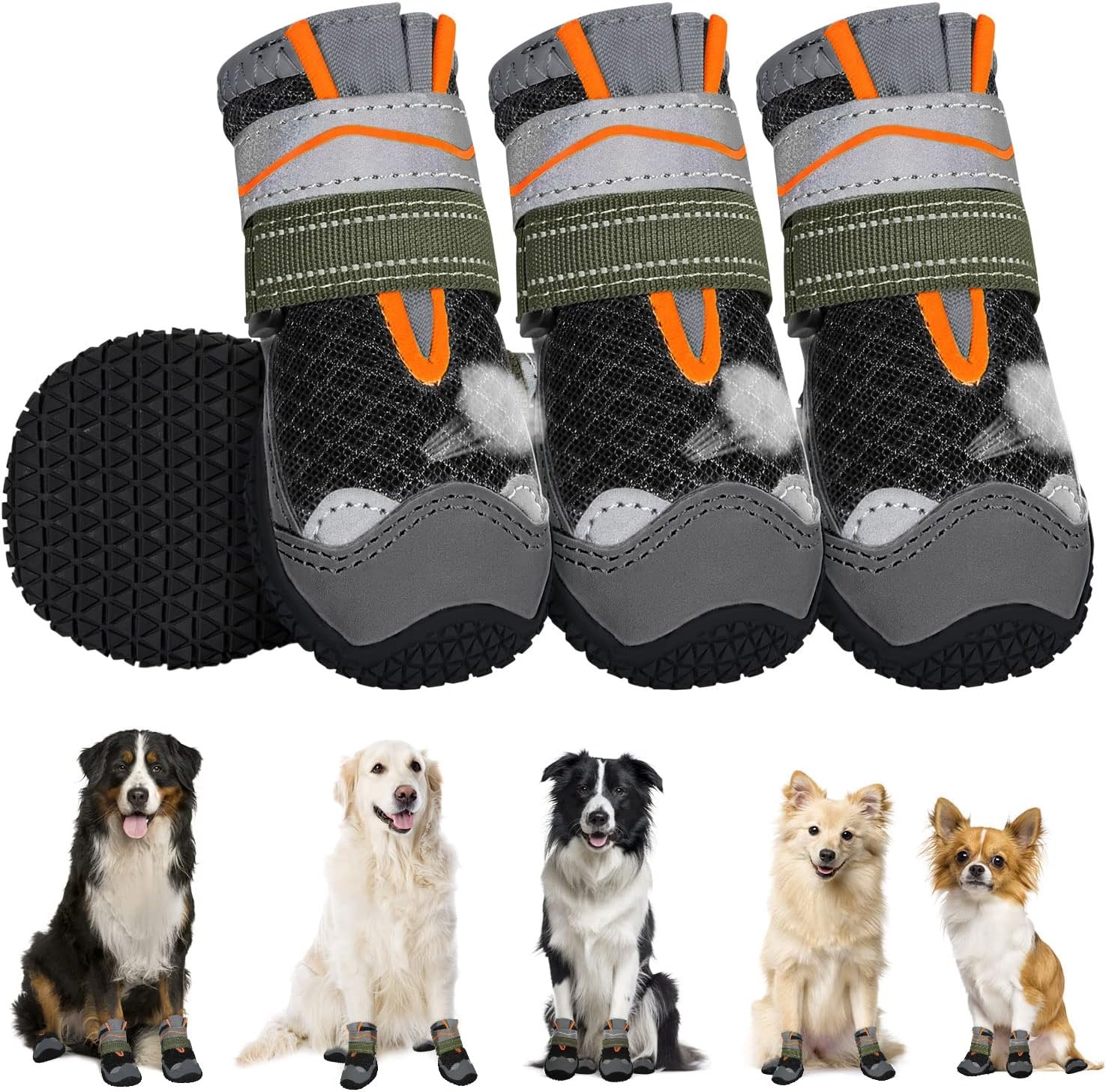 SlowTon Hondenschoenen, pootbescherming, 4 stuks, ademende hondenschoenen, outdoor, met antislipzool, verstelbare reflecterende klittenbandsluiting, hondenlaarzen voor kleine, middelgrote en grote