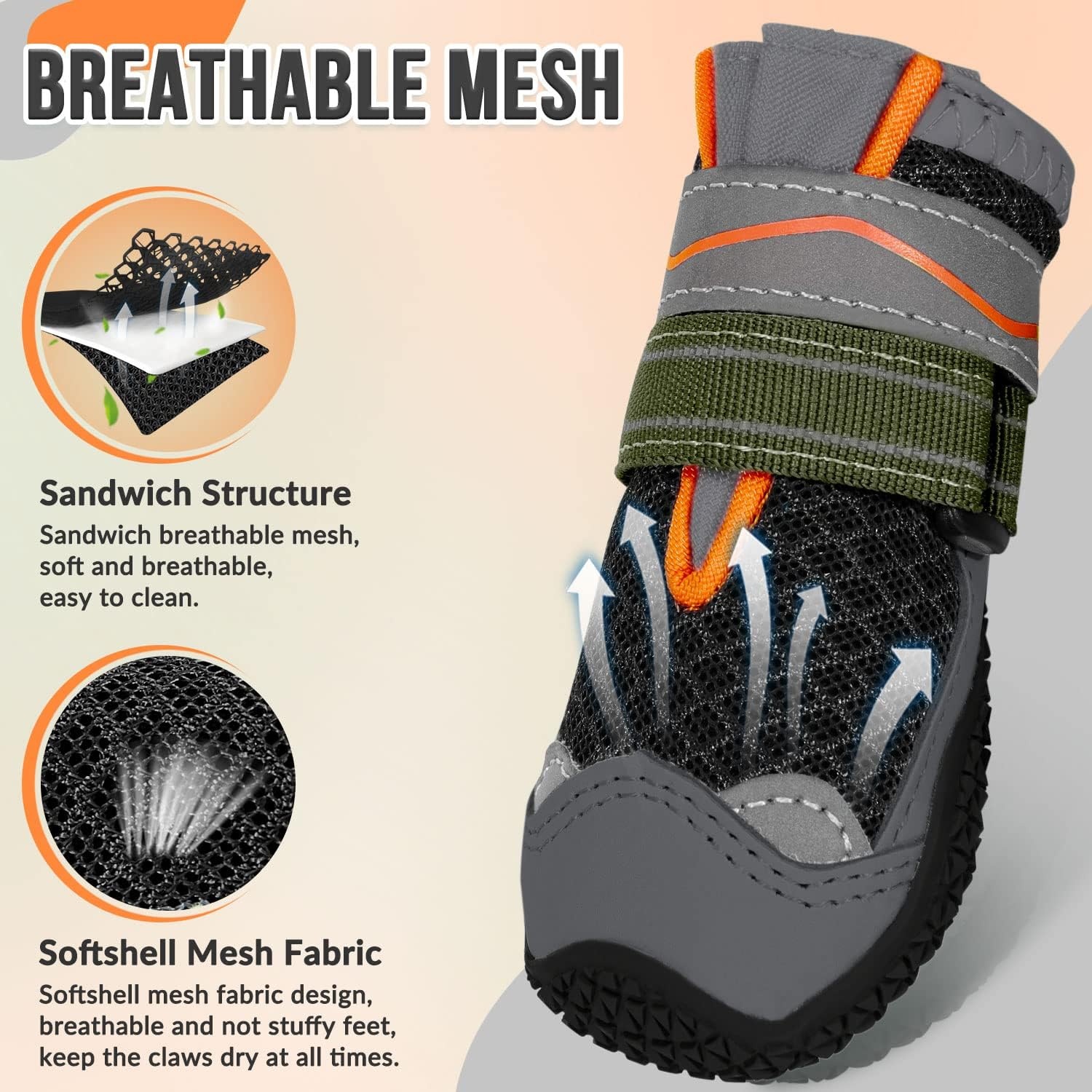 SlowTon Hondenschoenen, pootbescherming, 4 stuks, ademende hondenschoenen, outdoor, met antislipzool, verstelbare reflecterende klittenbandsluiting, hondenlaarzen voor kleine, middelgrote en grote