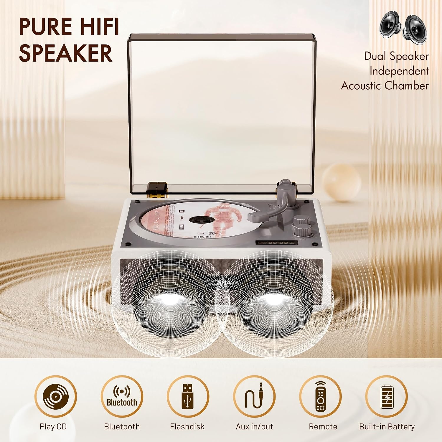 CAHAYA CD-speler met Bluetooth 5.4 en afstandsbediening voor huishoudelijk gebruik - desktop cd-speler ingebouwde dual hifi-sound-luidspreker en 3600 mAh-batterij - ideale cadeaukeuze