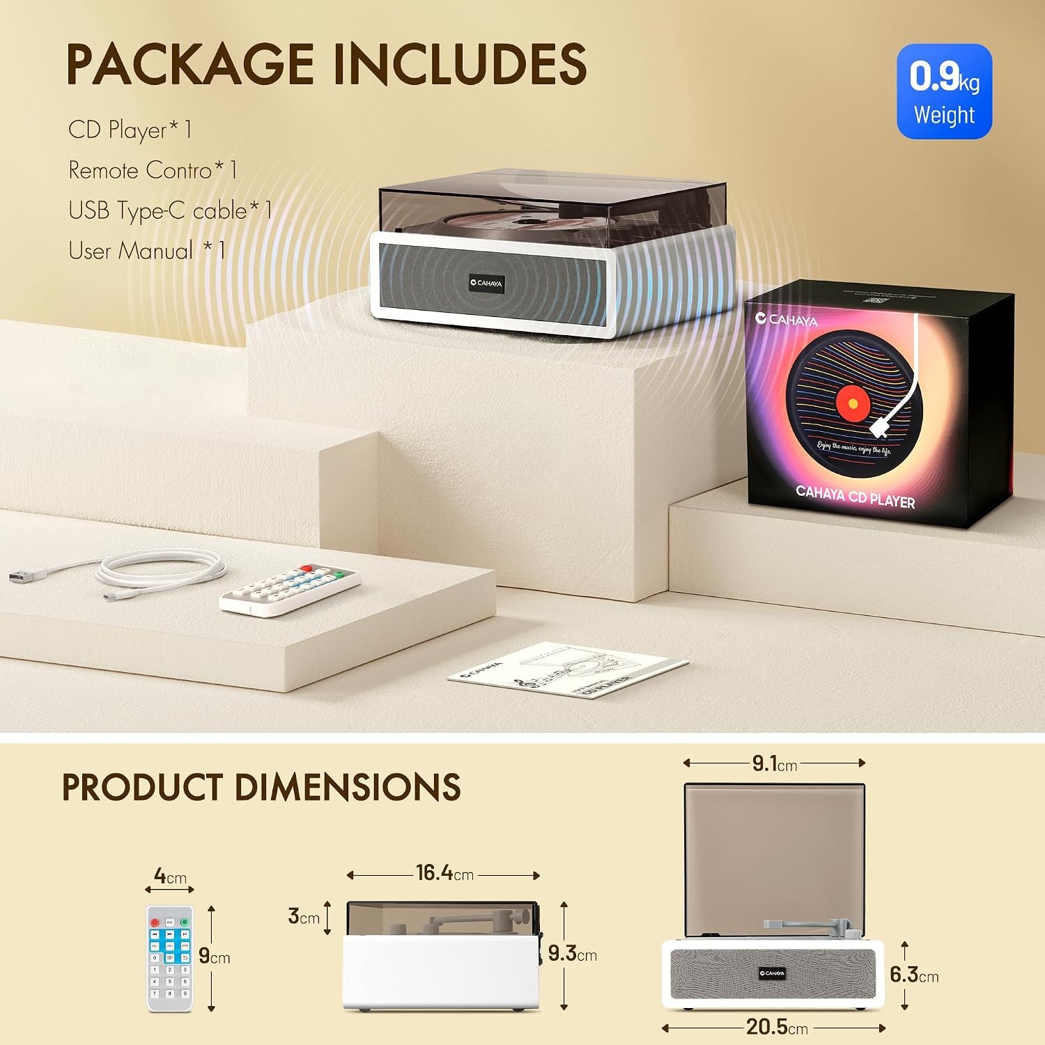CAHAYA CD-speler met Bluetooth 5.4 en afstandsbediening voor huishoudelijk gebruik - desktop cd-speler ingebouwde dual hifi-sound-luidspreker en 3600 mAh-batterij - ideale cadeaukeuze