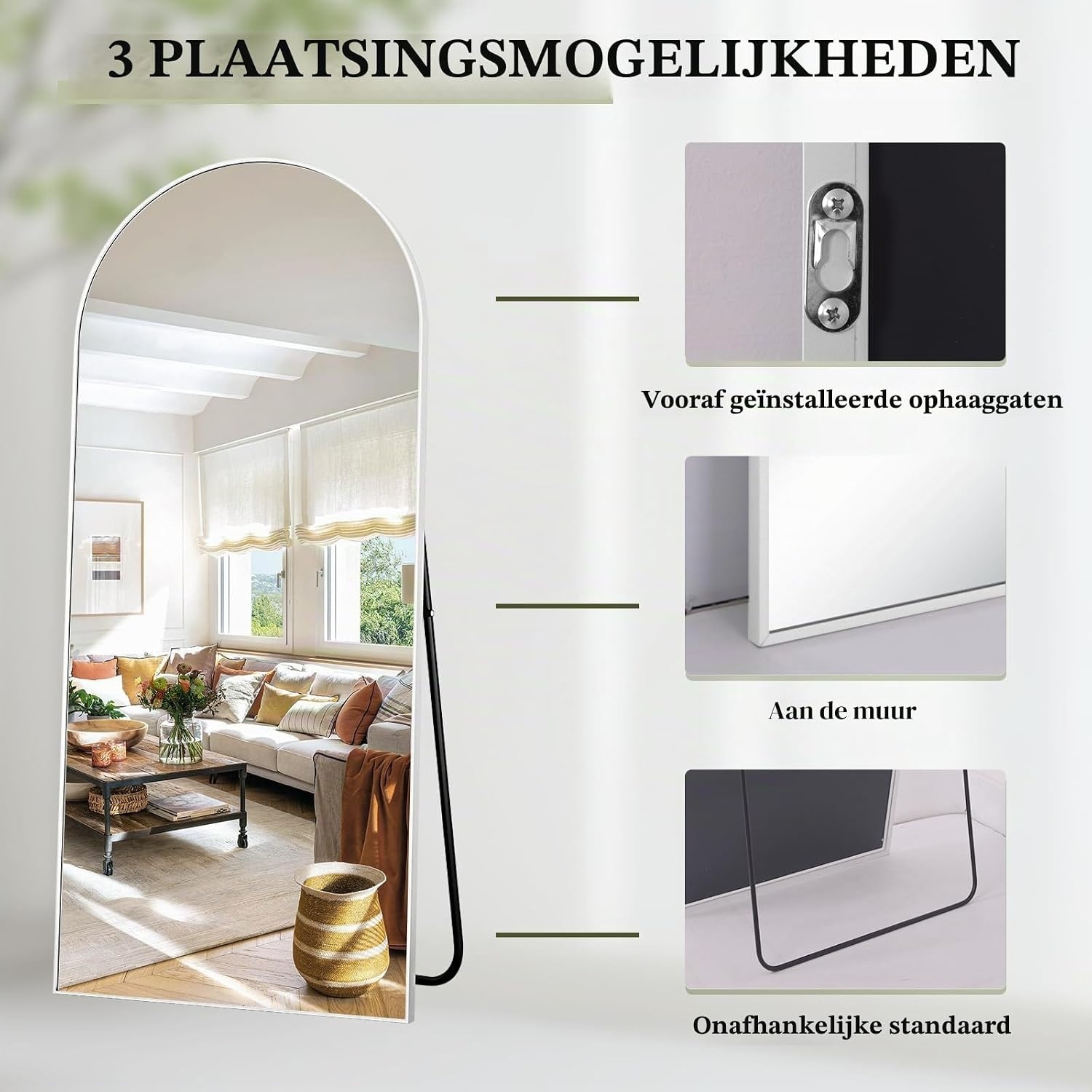 Boogvormige Passpiegel 165x60cm Wit | 33% Korting | Met Standaard