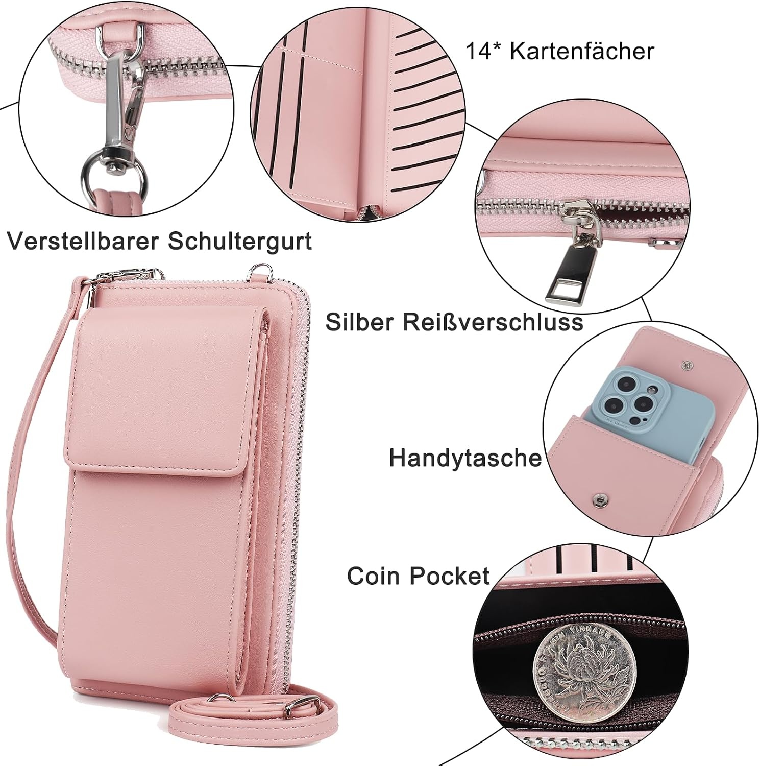 Telefoontasje Crossbody Dames Roze PU Leer, 14 Kaarten - 37% Korting