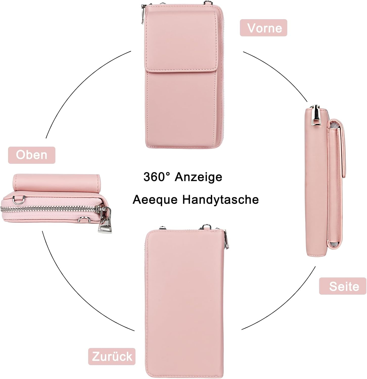 Telefoontasje Crossbody Dames Roze PU Leer, 14 Kaarten - 37% Korting