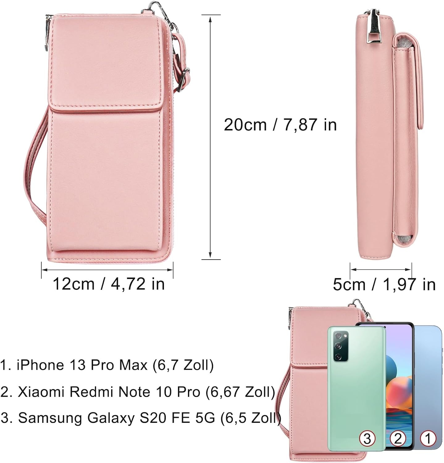Telefoontasje Crossbody Dames Roze PU Leer, 14 Kaarten - 37% Korting
