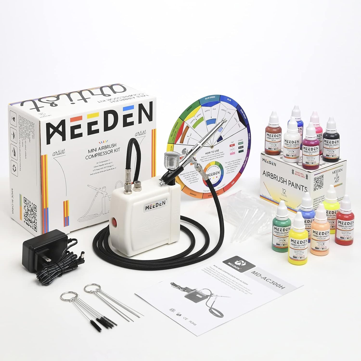 MEEDEN Mini Airbrush Set met Compressor & 12 Kleuren Verf (Wit) - 34% Korting