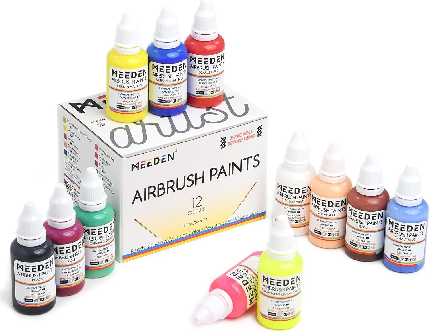 MEEDEN Mini Airbrush Set met Compressor & 12 Kleuren Verf (Wit) - 34% Korting