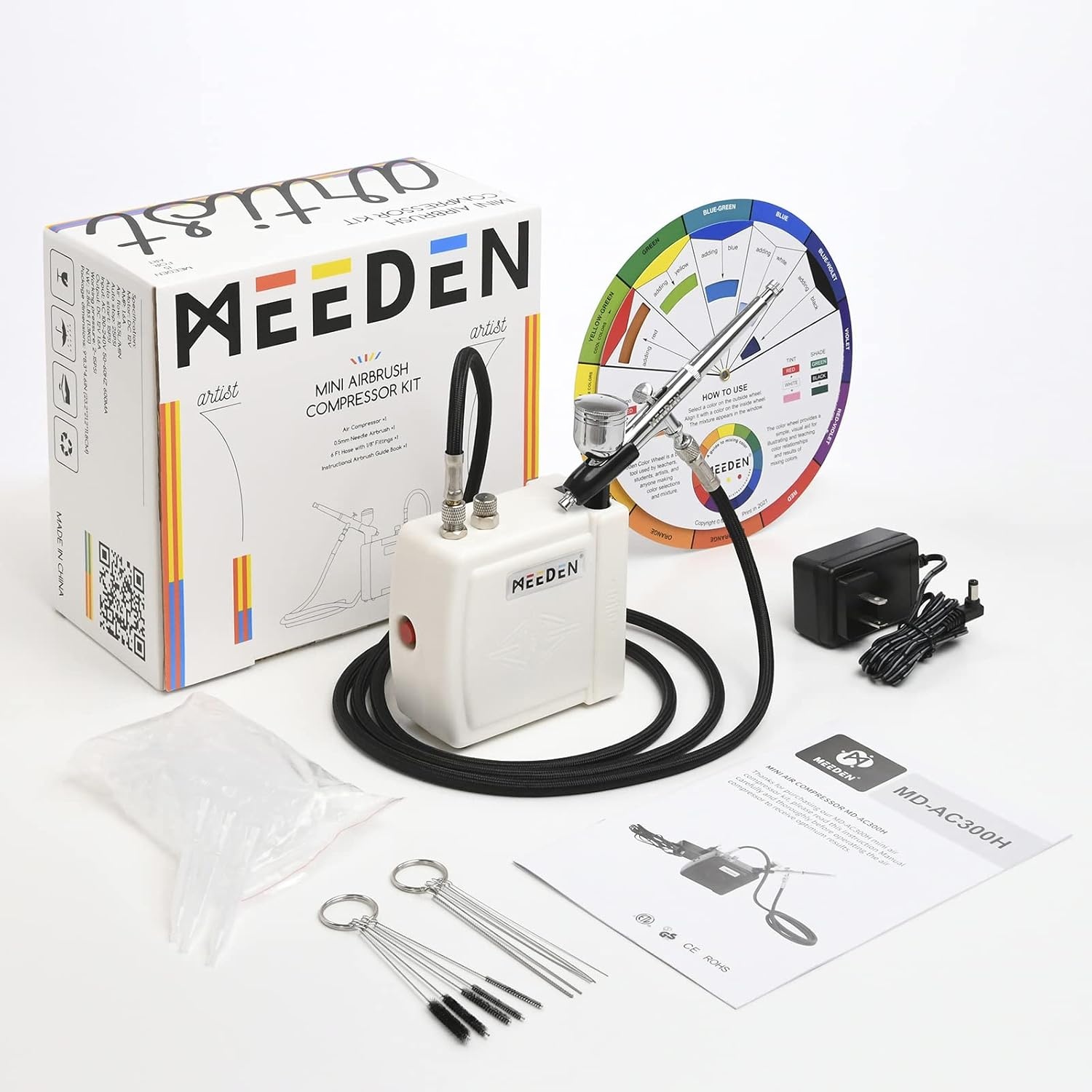 MEEDEN Mini Airbrush Set met Compressor & 12 Kleuren Verf (Wit) - 34% Korting