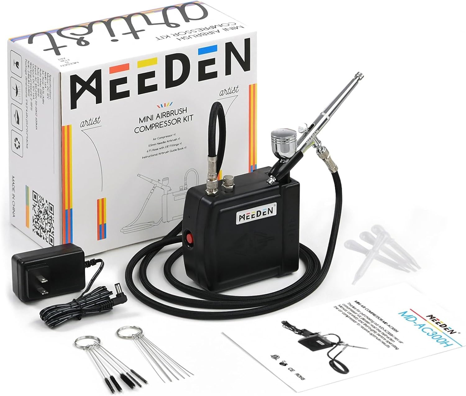 MEEDEN Mini Airbrush Set met Compressor & 12 Kleuren Verf (Wit) - 34% Korting