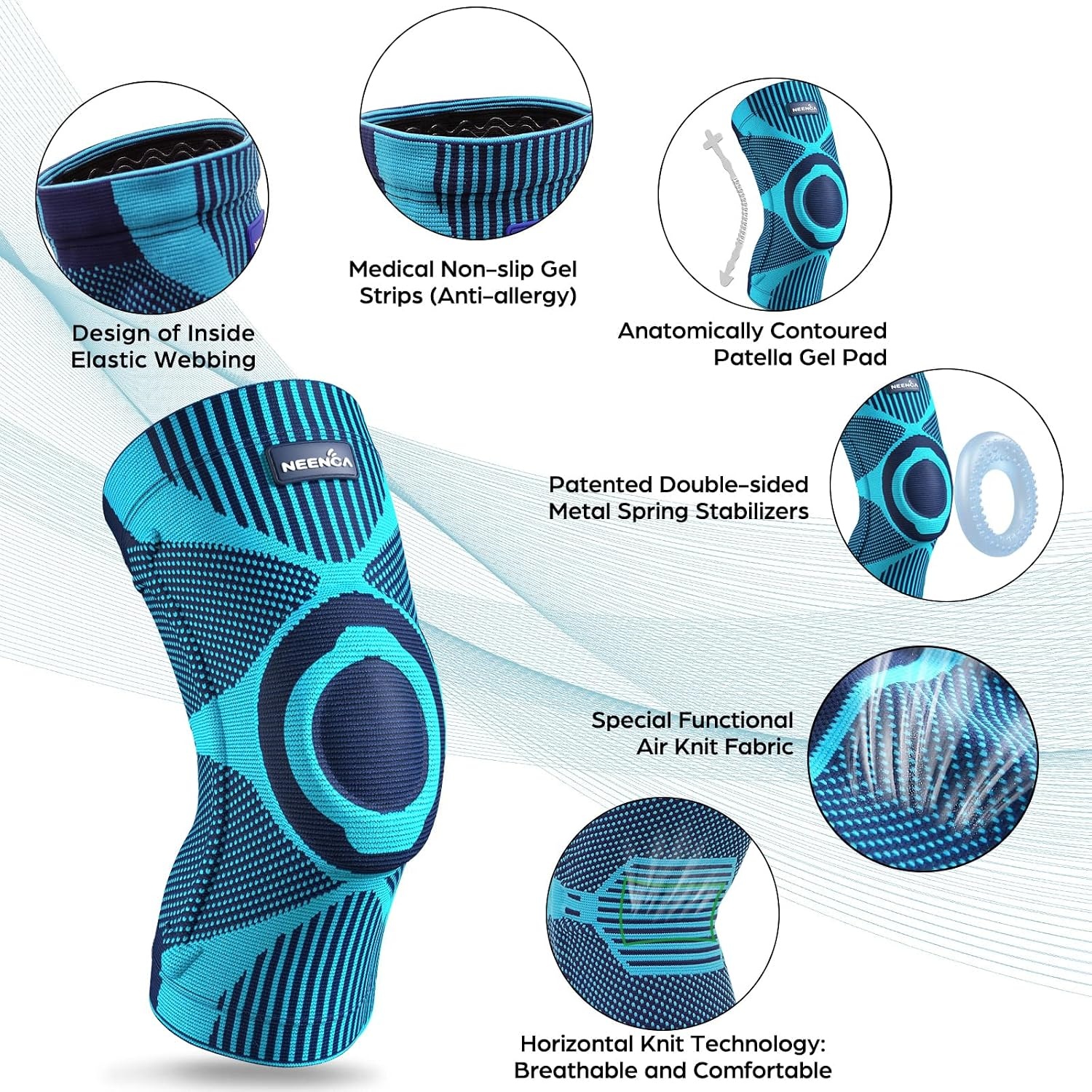 NEENCA Kniebrace met Patella Gel Pad & Stabilisatoren - Maat XL - Lichtblauw - 32% Korting