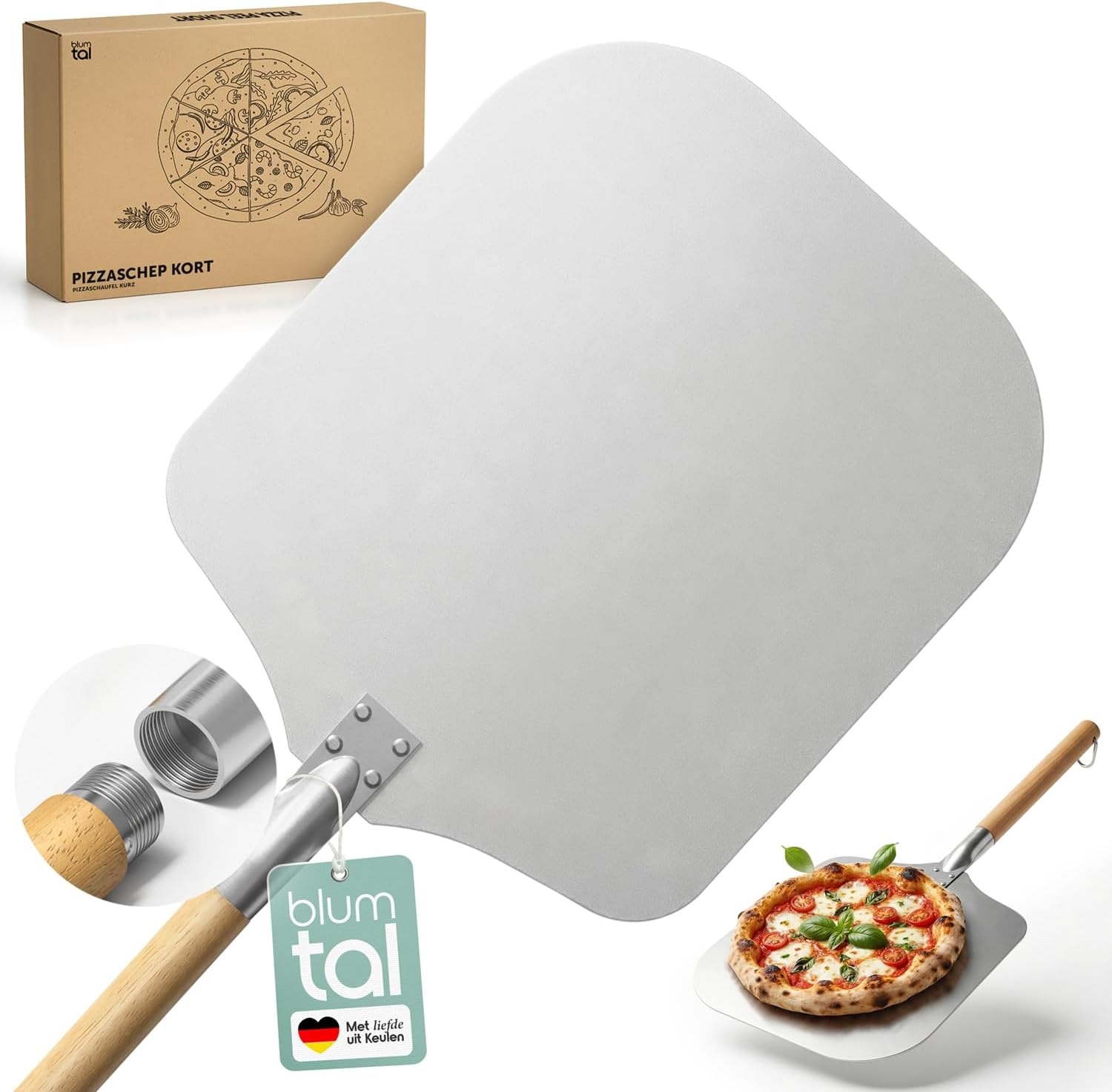 Blumtal pizzaschep met groot oppervlak 30,5 x 30,5 cm - praktische aluminium pizzaschep - met steel - pizzaschuiver - met aluminium steel