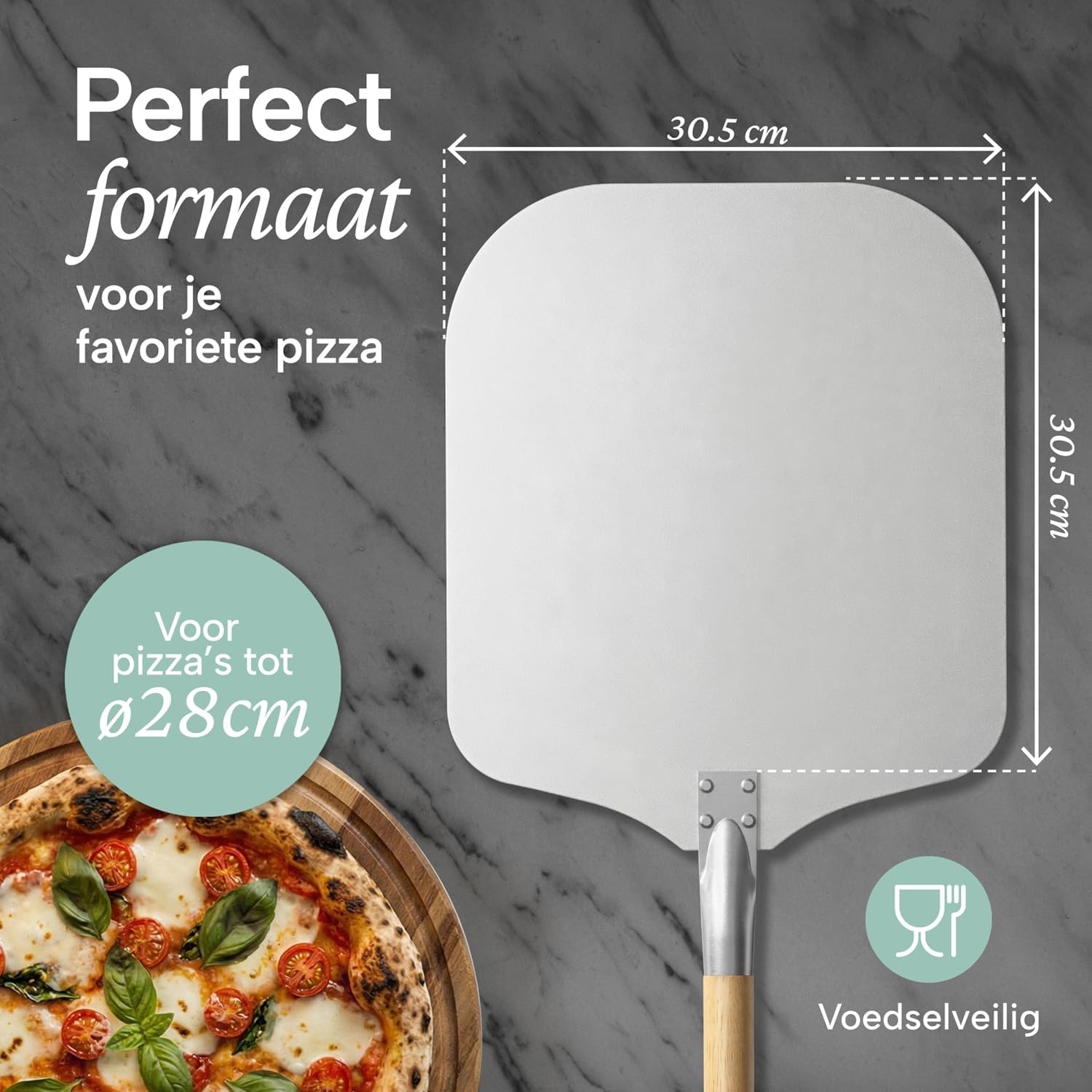 Blumtal pizzaschep met groot oppervlak 30,5 x 30,5 cm - praktische aluminium pizzaschep - met steel - pizzaschuiver - met aluminium steel