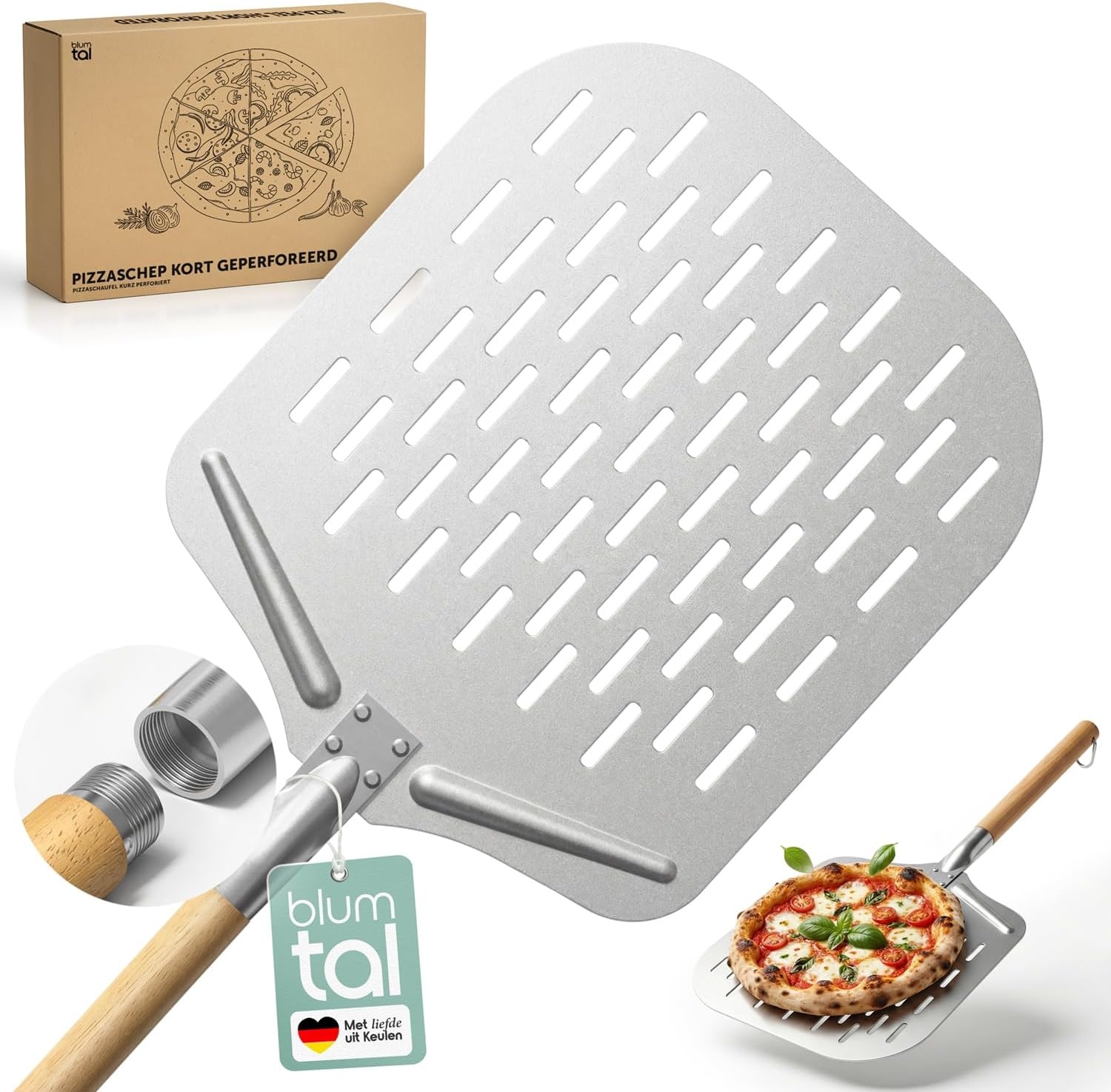 Blumtal pizzaschep met groot oppervlak 30,5 x 30,5 cm - praktische aluminium pizzaschep - met steel - pizzaschuiver - met aluminium steel