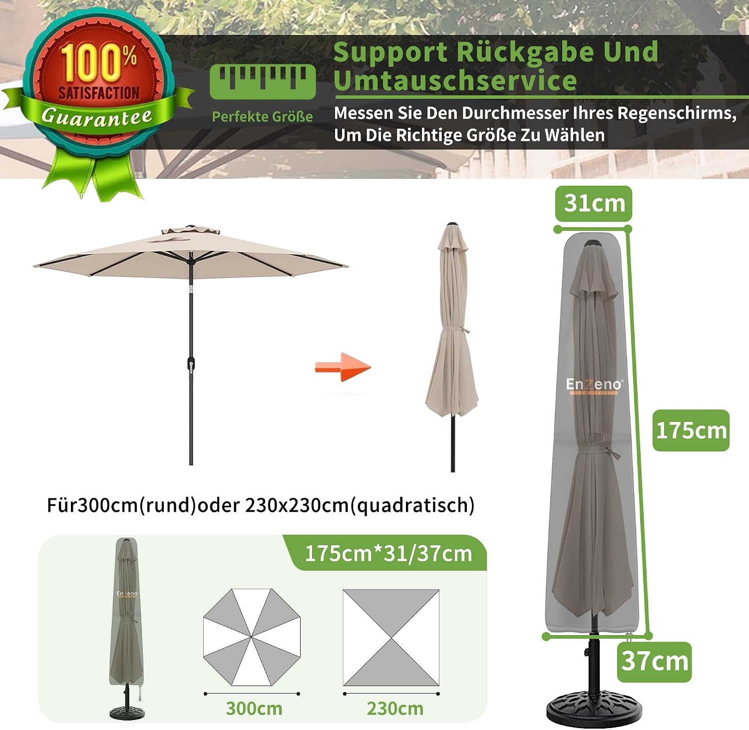 Enzeno Beschermhoes voor parasol, dekzeil voor zweefparasol, 175 x 31/37 cm - Maat Without rod 176 x 31/37 cm