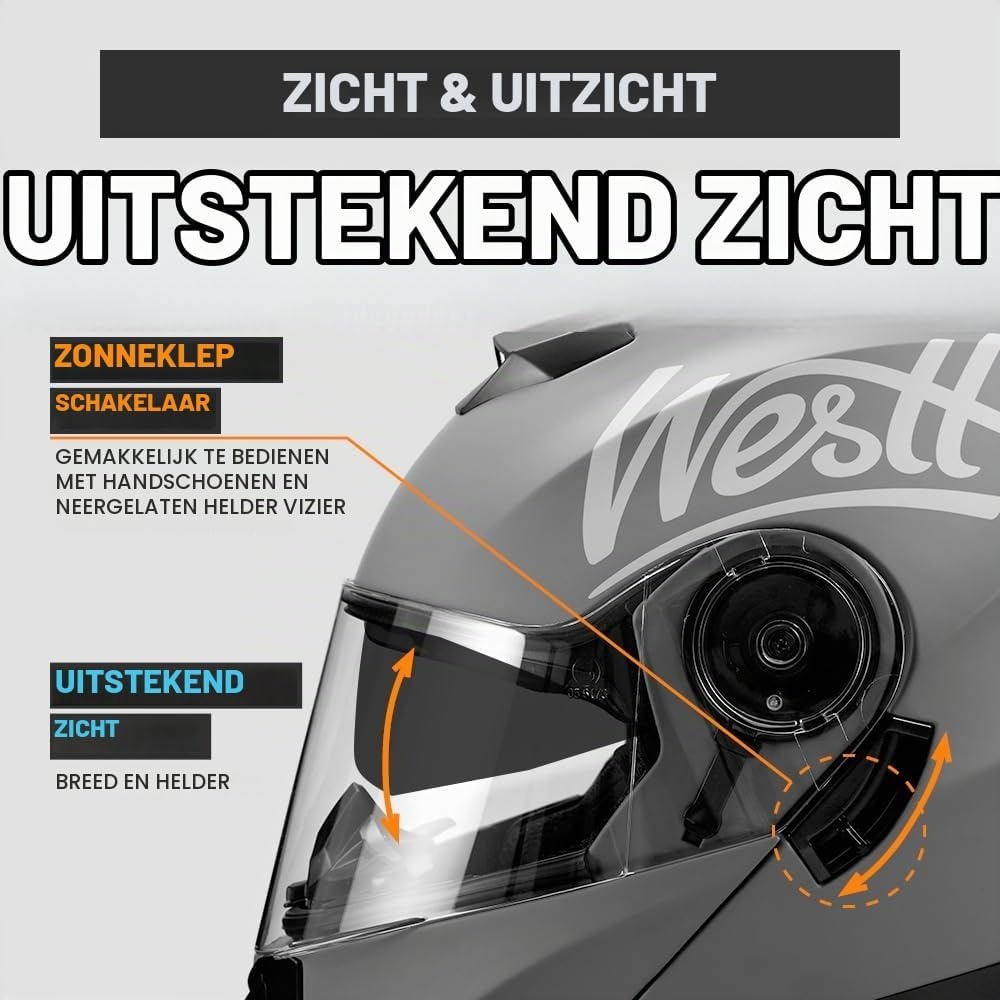WESTT Torque X Integraalhelm voor motorfiets, kleur zwart, wit of grijs, opvouwbare motorhelm, schokbestendige motorhelm, integraalhelm voor heren en dames, scooterhelm, ECE-gecertificeerd