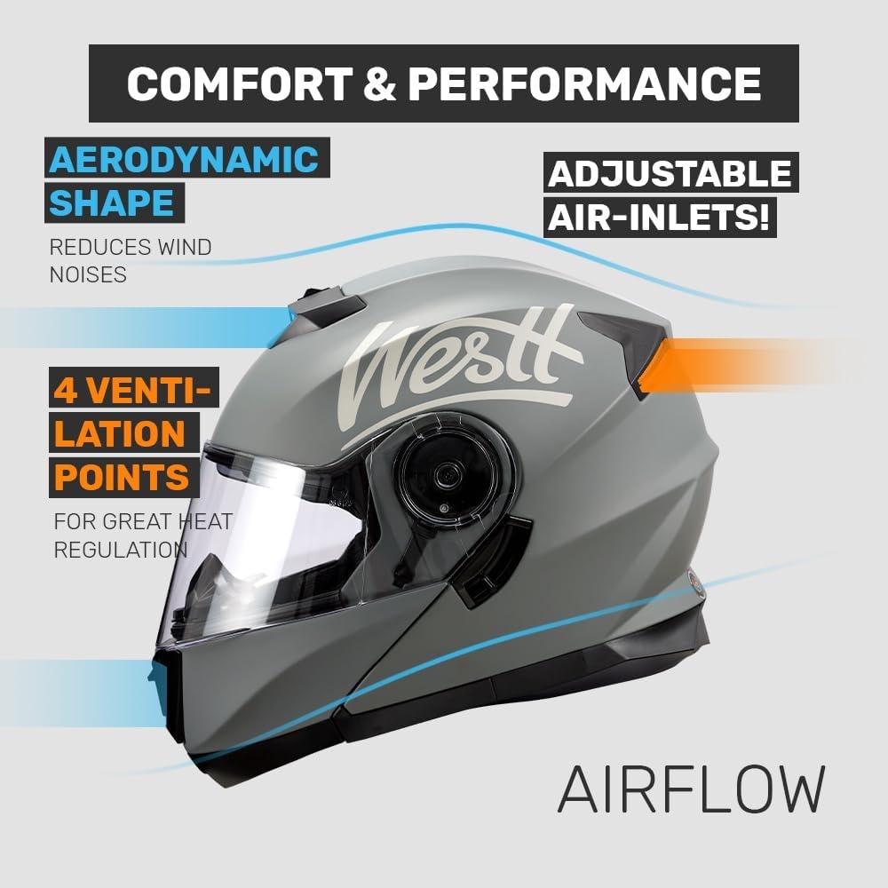 WESTT Torque X Integraalhelm voor motorfiets, kleur zwart, wit of grijs, opvouwbare motorhelm, schokbestendige motorhelm, integraalhelm voor heren en dames, scooterhelm, ECE-gecertificeerd