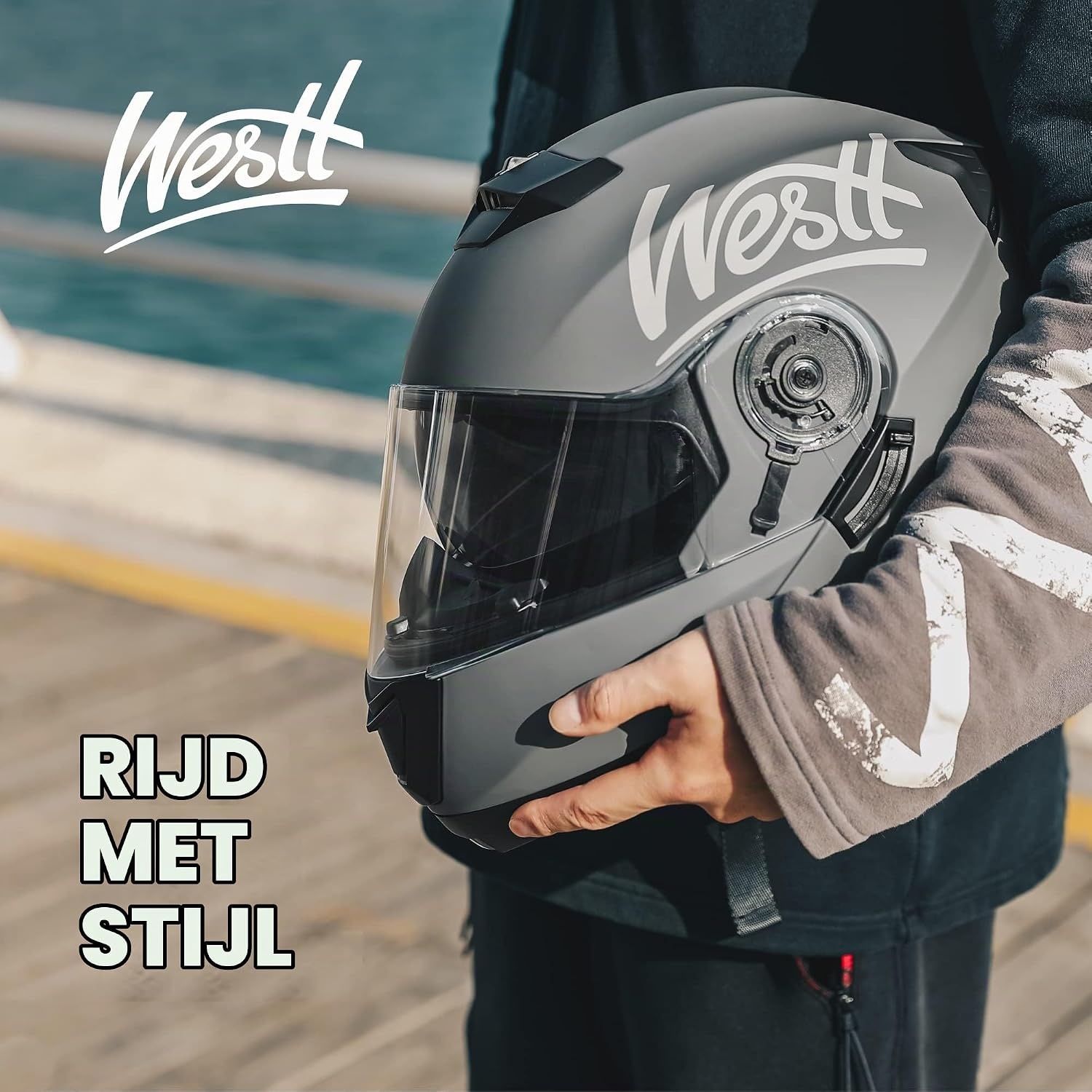 WESTT Torque X Integraalhelm voor motorfiets, kleur zwart, wit of grijs, opvouwbare motorhelm, schokbestendige motorhelm, integraalhelm voor heren en dames, scooterhelm, ECE-gecertificeerd