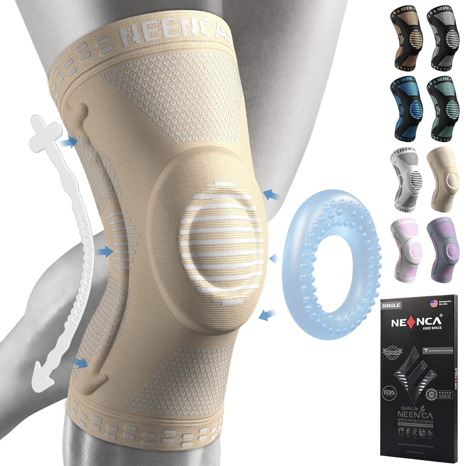 NEENCA Kniebrace, Kniecompressie Sleeve Ondersteuning met Patella Gel Pad & Side Spring Stabilizers, Kniebeschermer voor hardlopen, Meniscus scheur, Artritis, Gezamenlijke Pijn Relief,Letsel Recovery