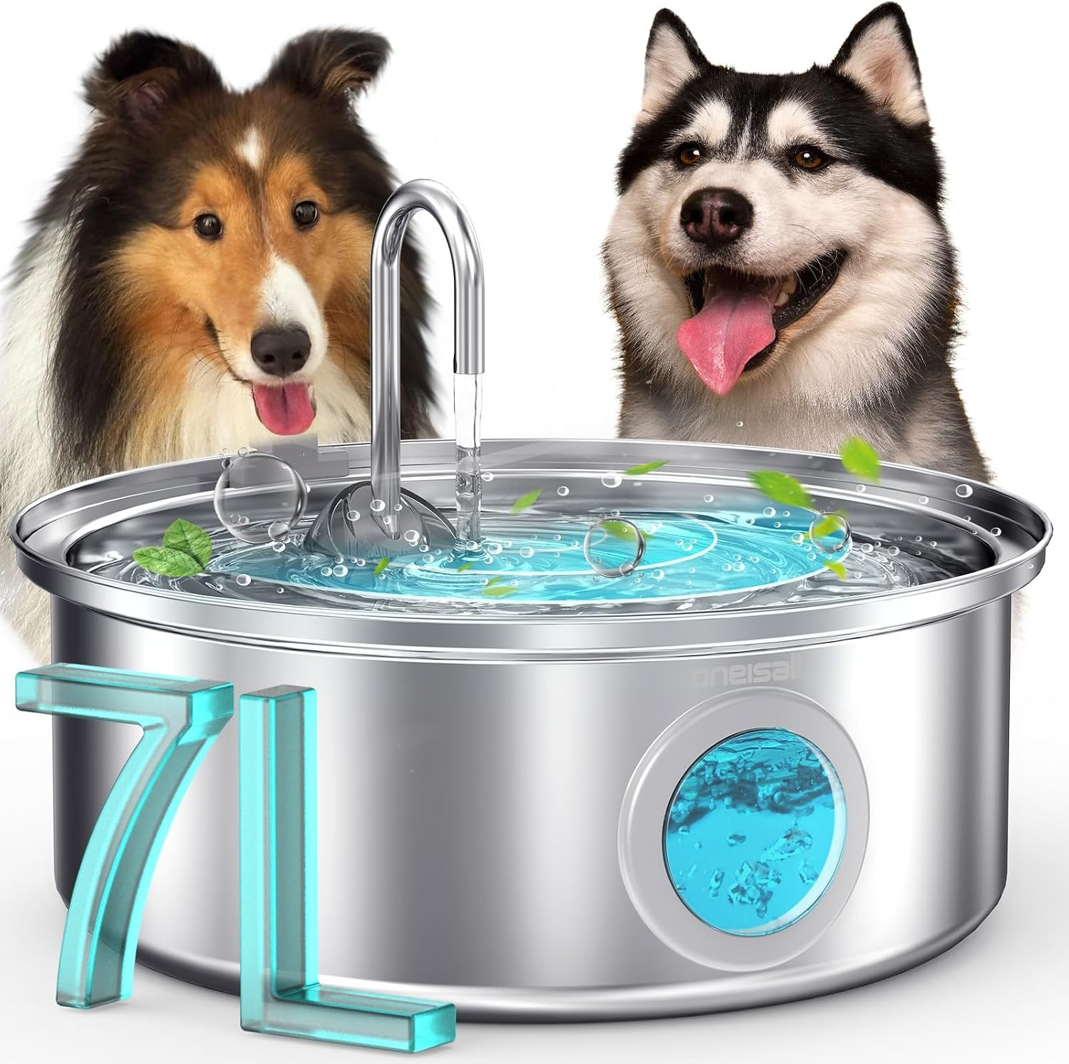 oneisall Hondenwaterfontein, 7L stille roestvrijstalen waterfontein voor honden met visueel waterniveau. 4-laags filtratie voor grote middelgrote en kleine rassen honden huisdieren