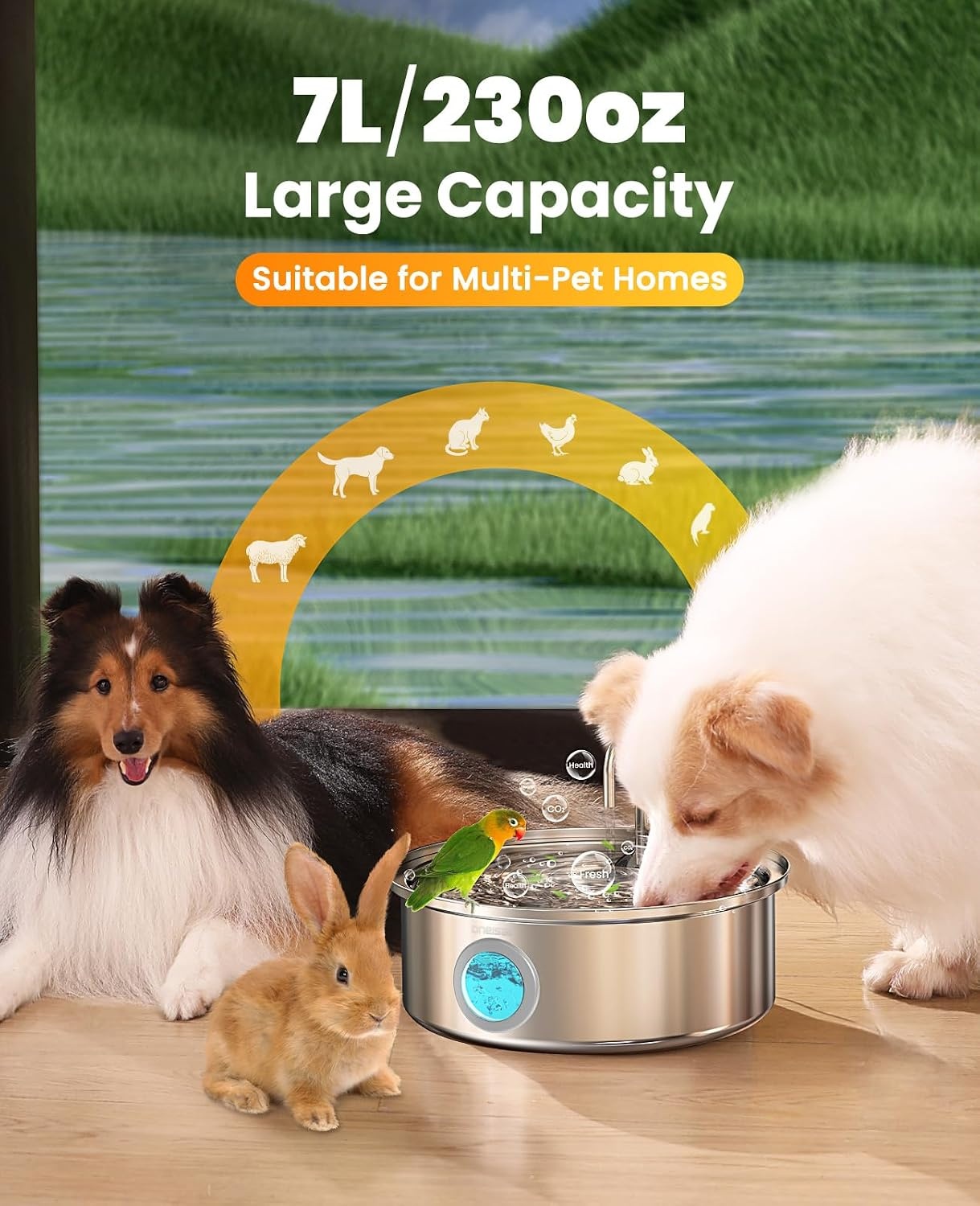 oneisall Hondenwaterfontein, 7L stille roestvrijstalen waterfontein voor honden met visueel waterniveau. 4-laags filtratie voor grote middelgrote en kleine rassen honden huisdieren