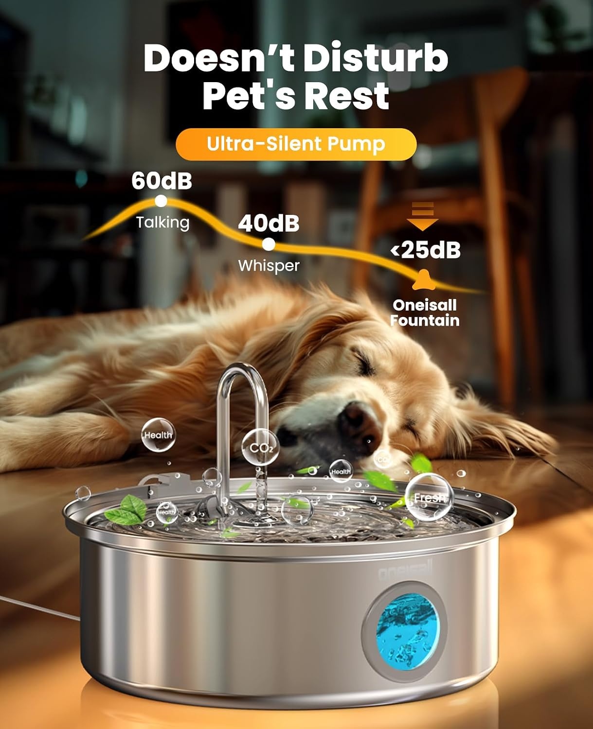 oneisall Hondenwaterfontein, 7L stille roestvrijstalen waterfontein voor honden met visueel waterniveau. 4-laags filtratie voor grote middelgrote en kleine rassen honden huisdieren