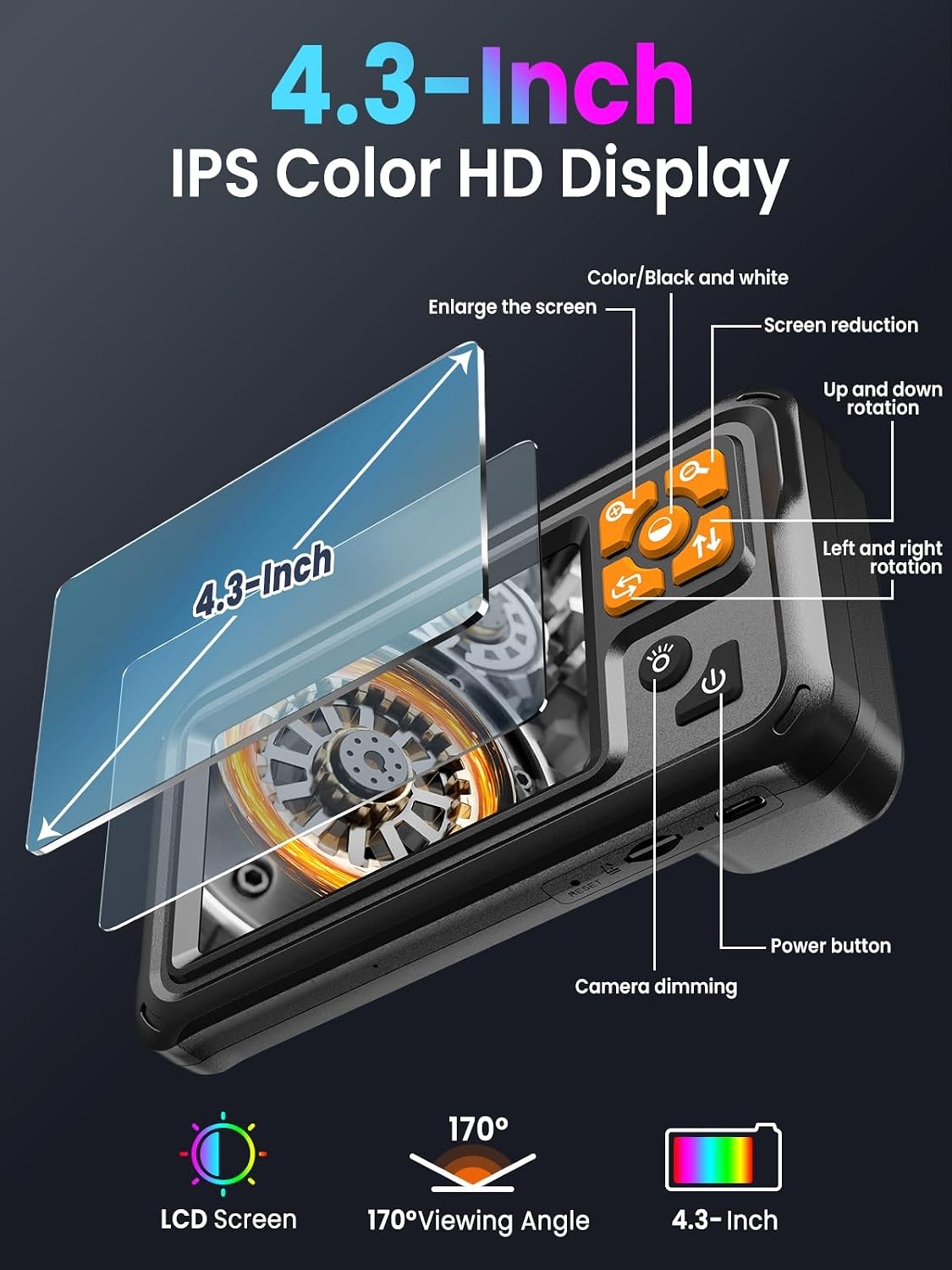 Endoscoopcamera met licht, 4,3 inch IPS-scherm, 1080p endoscoop, gereedschap met 8 ledlampen, 5 m semi-rigide kabel, slangcamera, IP67 waterdicht, kanalisatie-inspectie, gadgets - enkele lens