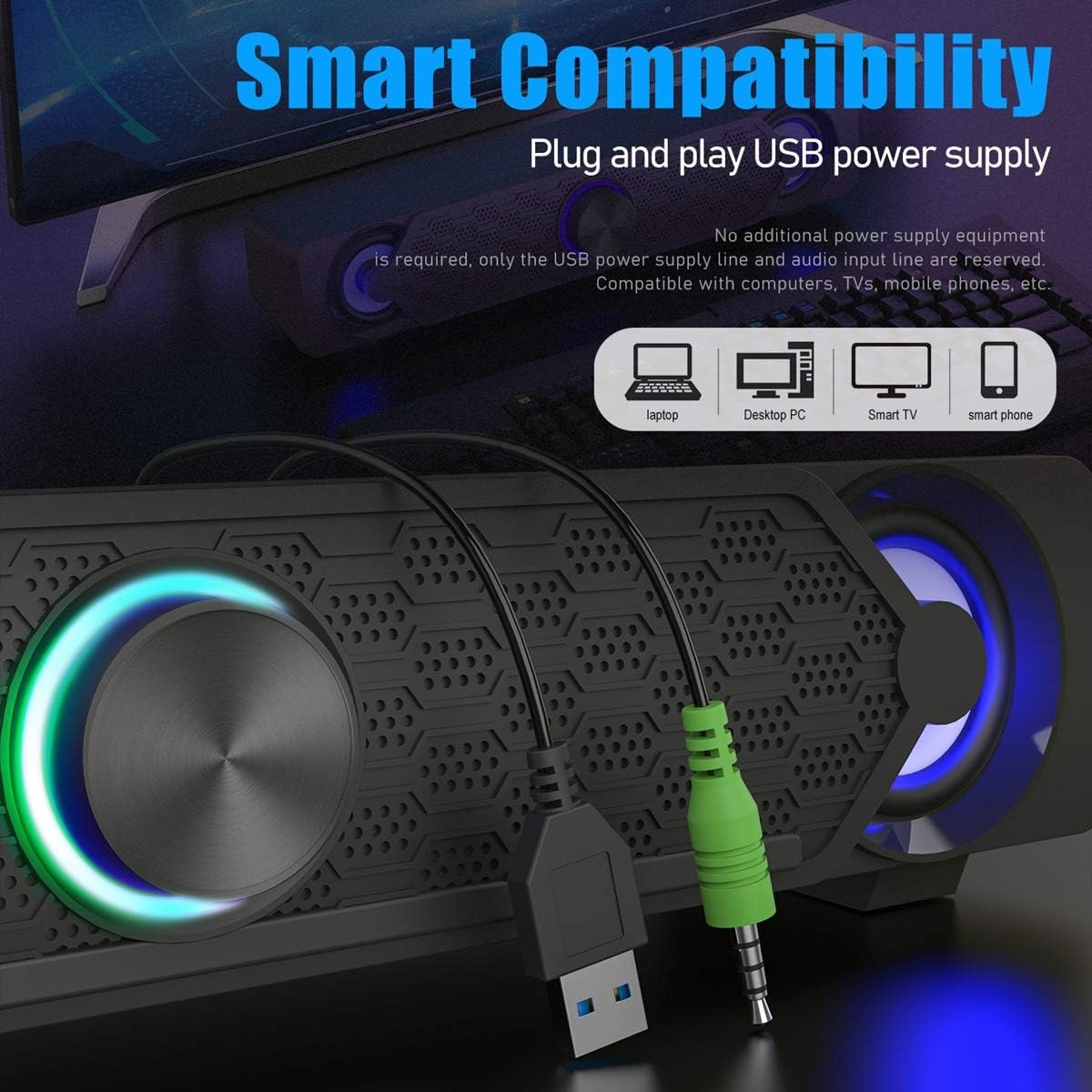 Smalody Computer Soundbar, pc-luidsprekers, USB-soundbar, gaming-luidspreker met coole led-verlichting, multimedialuidspreker Perfect voor pc-games, computer, desktop, laptop