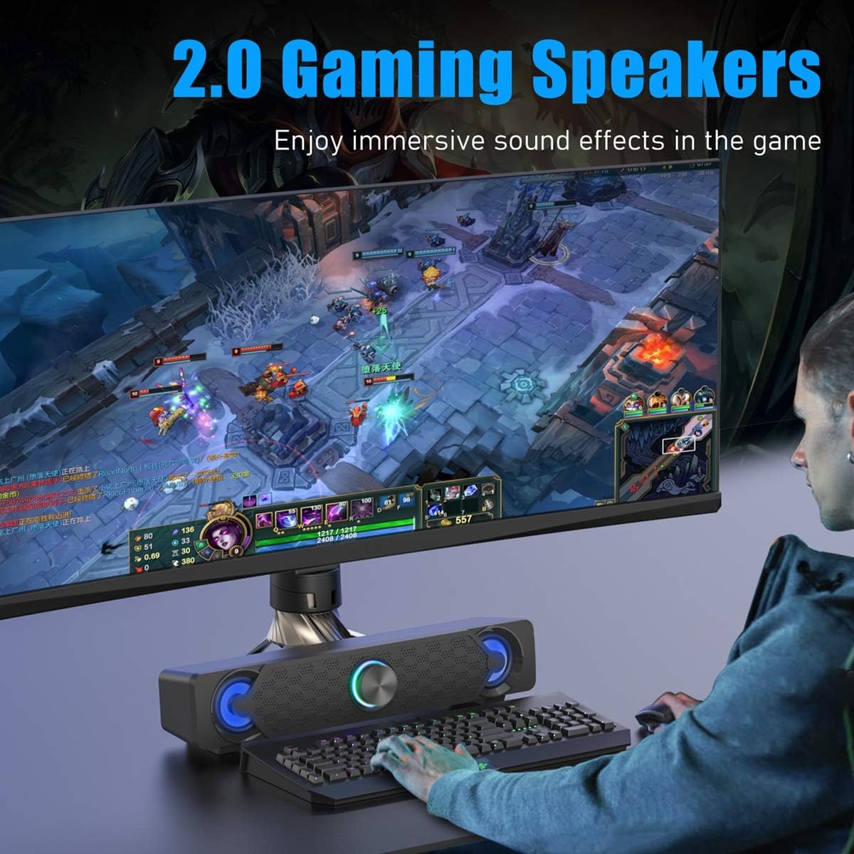 Smalody Computer Soundbar, pc-luidsprekers, USB-soundbar, gaming-luidspreker met coole led-verlichting, multimedialuidspreker Perfect voor pc-games, computer, desktop, laptop
