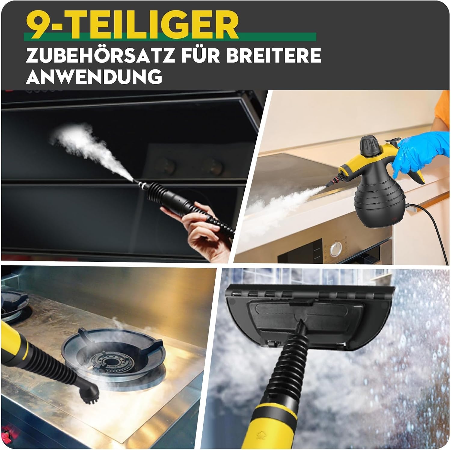 Stoomreiniger, handapparaat, 1050 W, snelle verwarming, sterke stoomdruk, 9-delige accessoires, vrij van chemicaliën, voor keuken, badkamer, ramen, bekleding, tapijten, auto en voegen