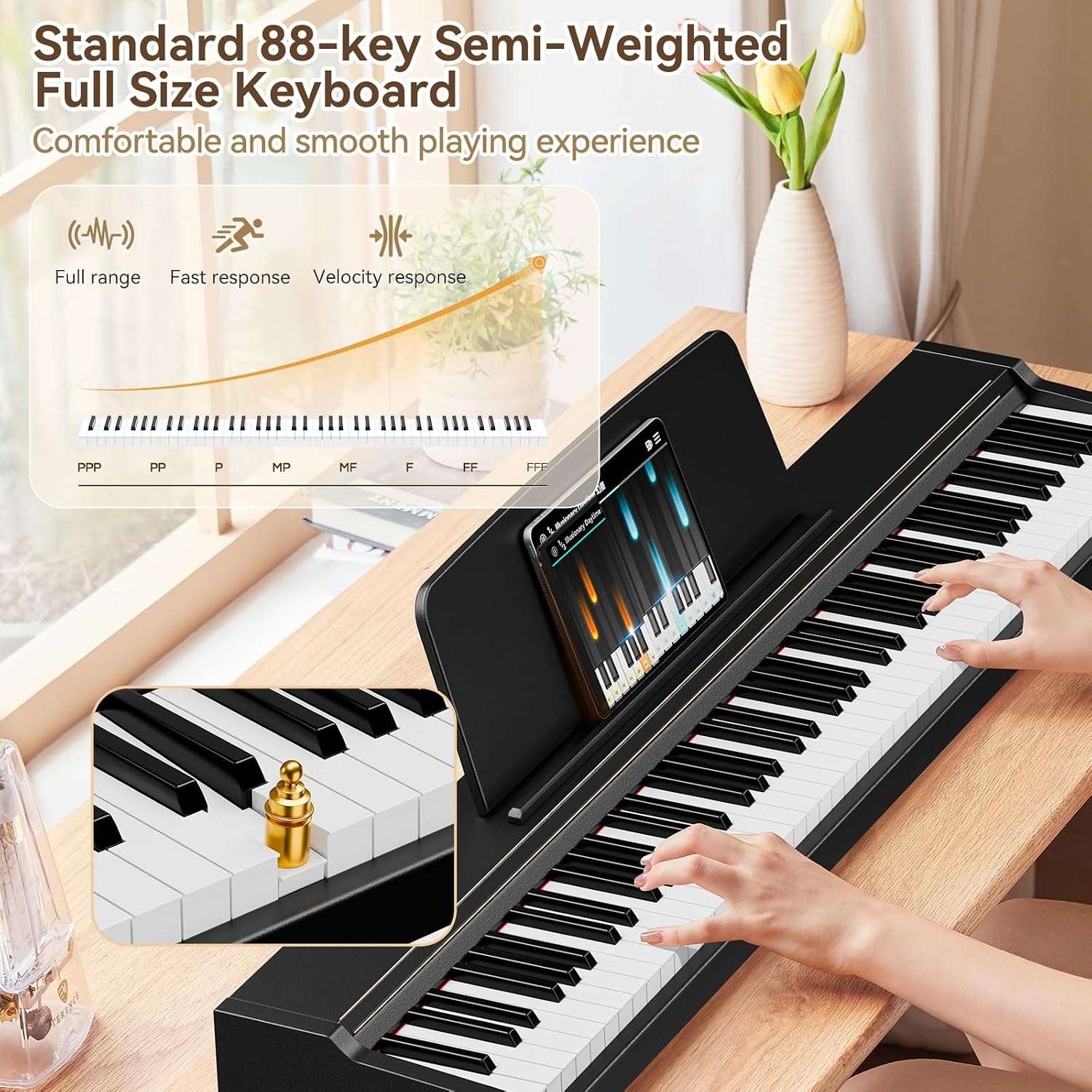 E-Piano TERENCE semi-gewogen digitale piano met 88 toetsen in standaardformaat voor beginners en professionals met hoogwaardig geluid MIDI-aansluiting hoofdtelefoonaansluiting drievoudig pedaal