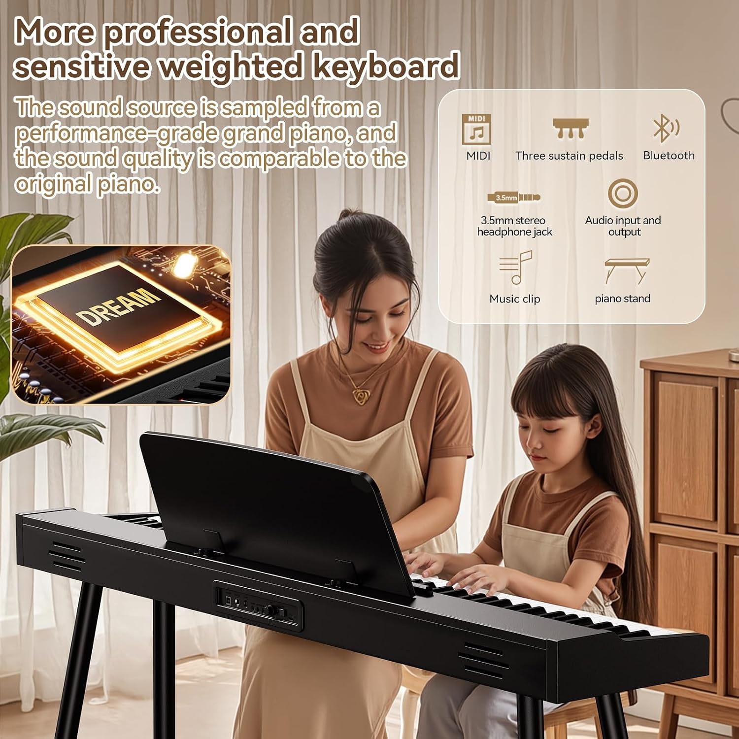 E-Piano TERENCE semi-gewogen digitale piano met 88 toetsen in standaardformaat voor beginners en professionals met hoogwaardig geluid MIDI-aansluiting hoofdtelefoonaansluiting drievoudig pedaal