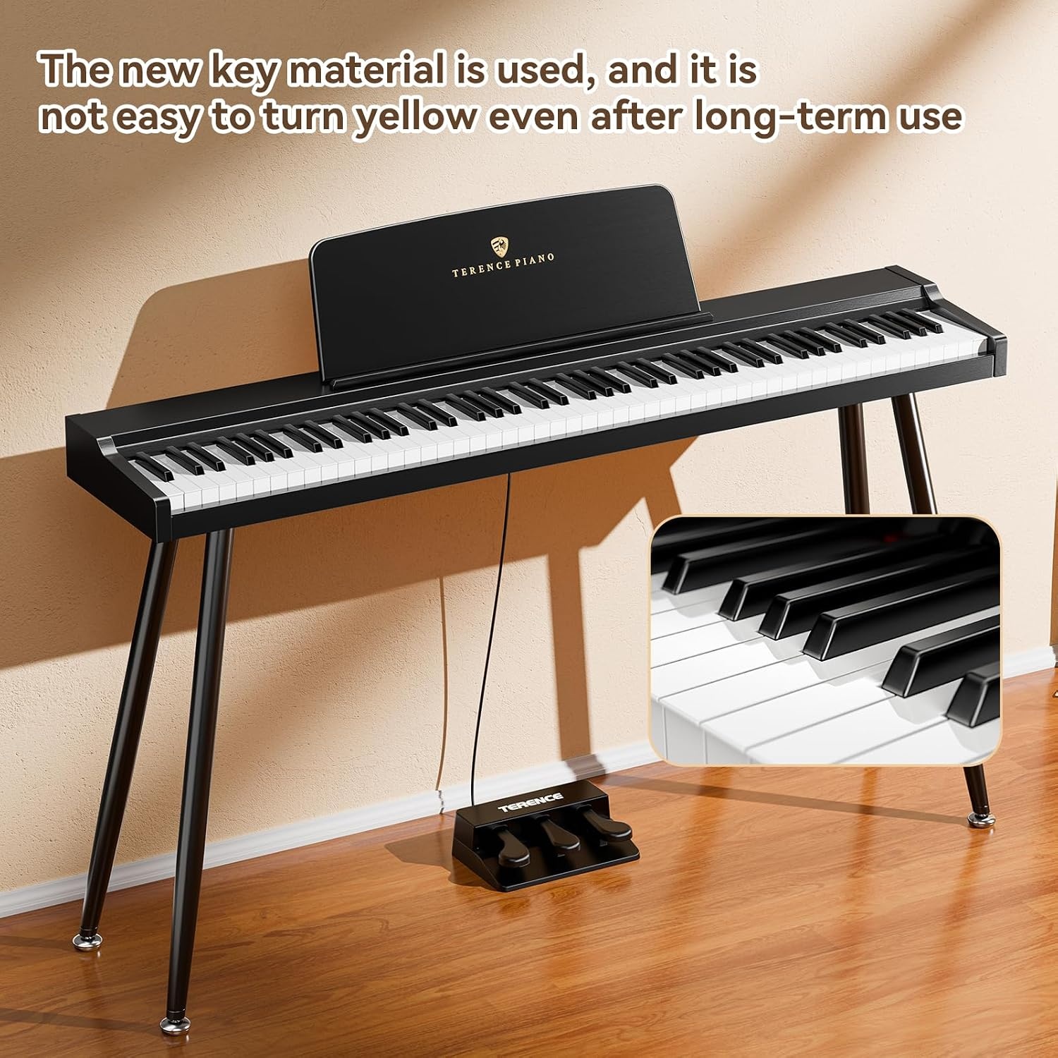 E-Piano TERENCE semi-gewogen digitale piano met 88 toetsen in standaardformaat voor beginners en professionals met hoogwaardig geluid MIDI-aansluiting hoofdtelefoonaansluiting drievoudig pedaal
