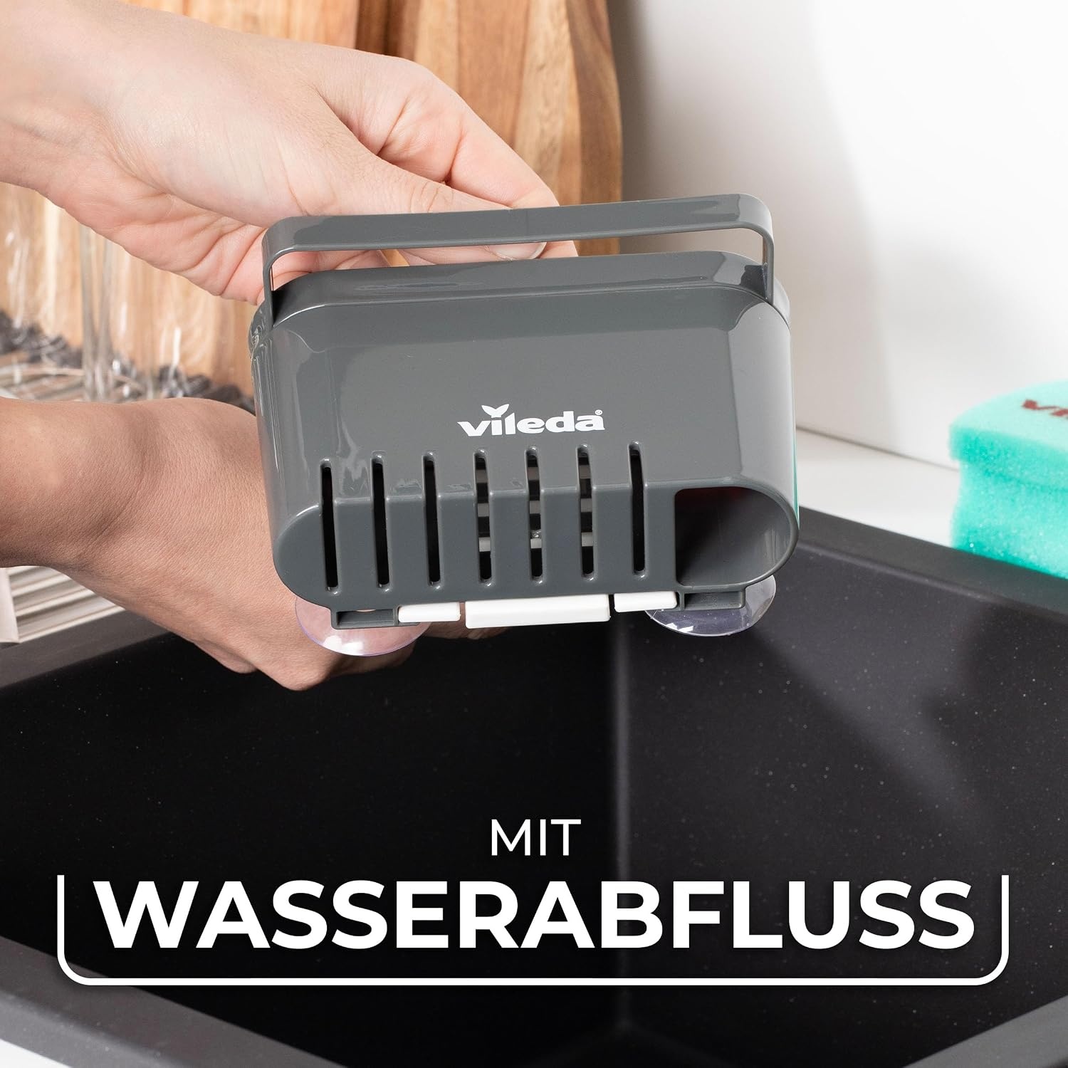 Vileda Sponshouder spoelbak, zonder boren, sponshouder voor in de keuken met zuignap, mini-gootsteenorganizer voor sponzen en borstels, duurzaam en eenvoudig aan te brengen