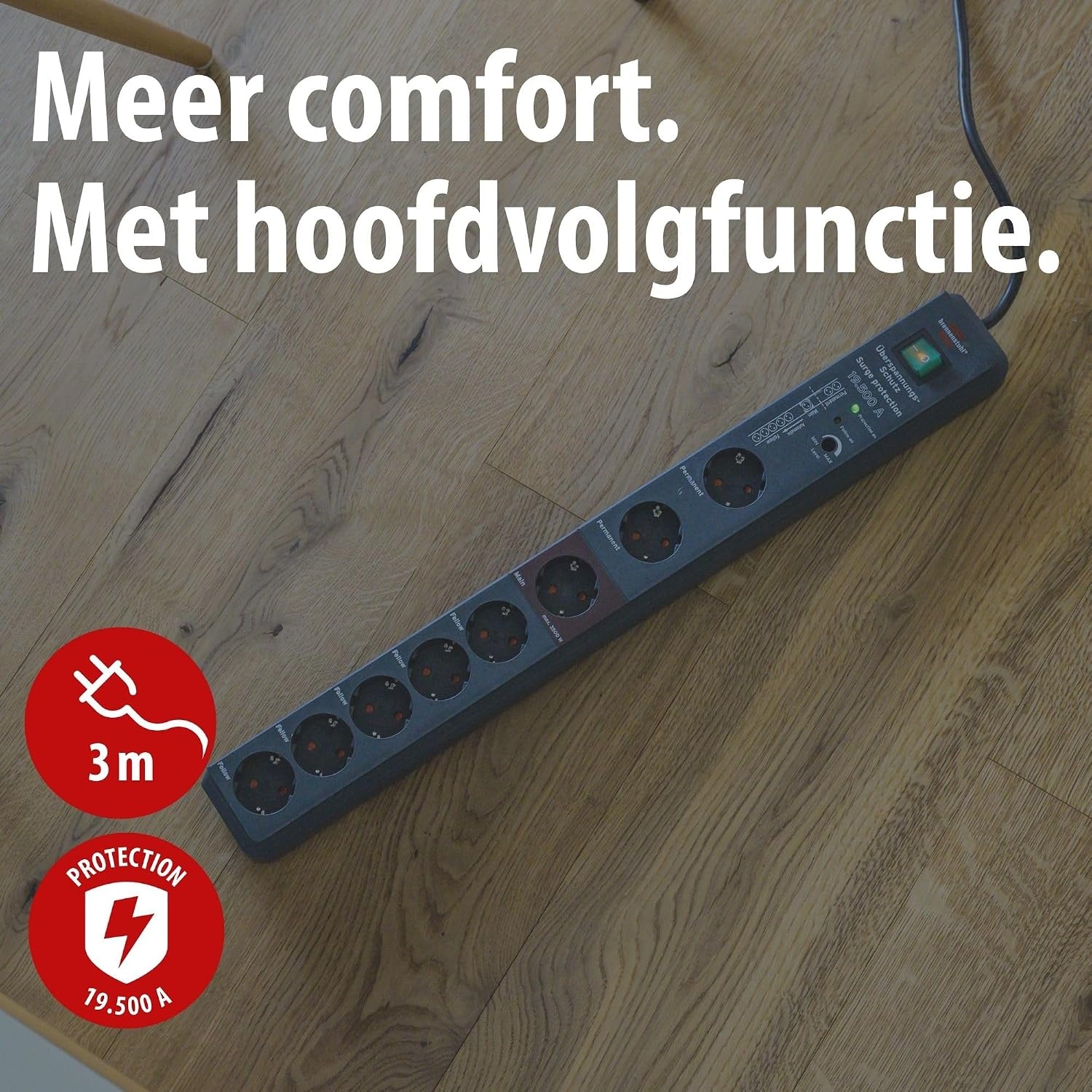 Brennenstuhl Secure-Tec Stekkerdoos 8-voudig met overspanningsbeveiliging en Main-Follow functie (stekkerdoos met 3m kabel en schakelaar) antraciet