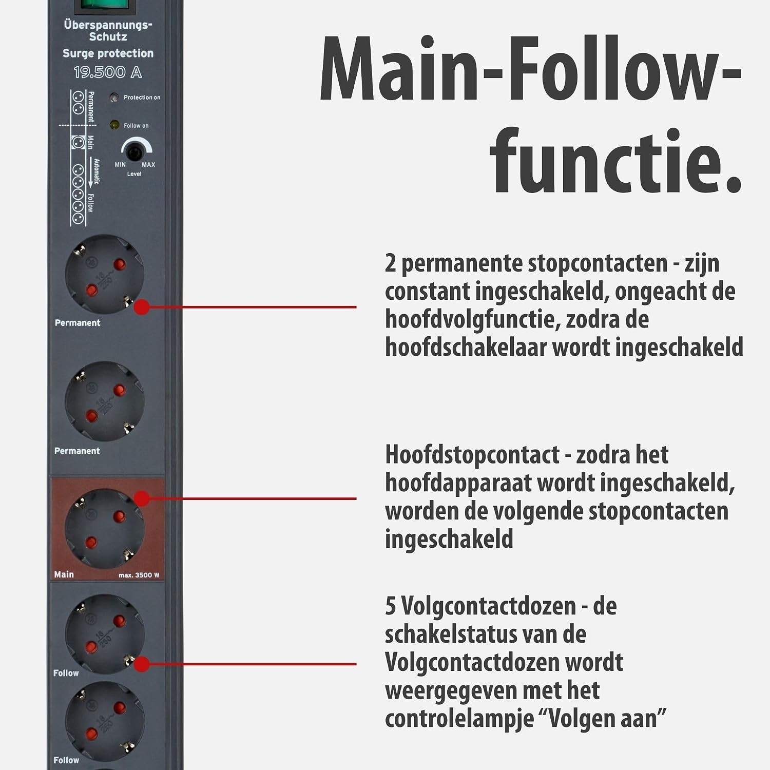 Brennenstuhl Secure-Tec Stekkerdoos 8-voudig met overspanningsbeveiliging en Main-Follow functie (stekkerdoos met 3m kabel en schakelaar) antraciet