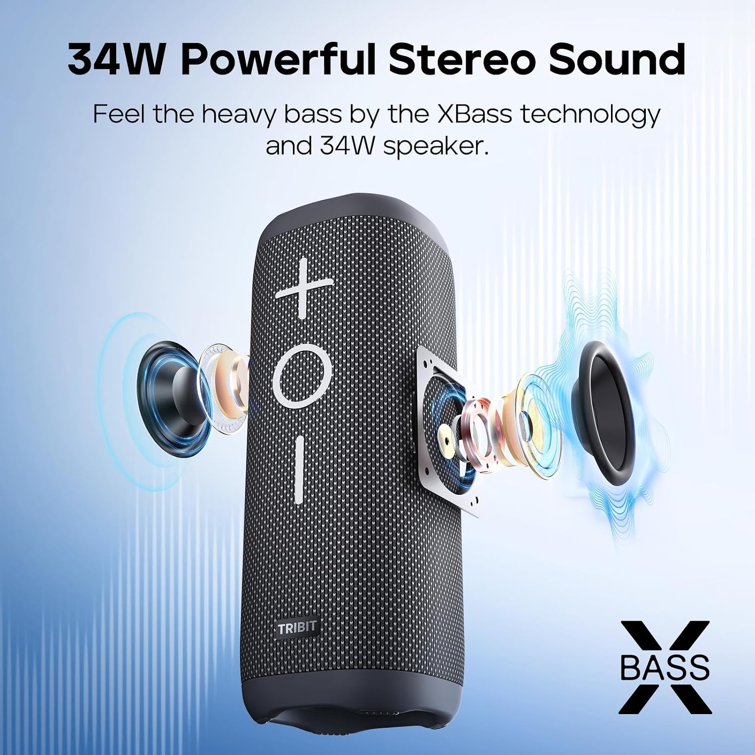 TRIBIT StormBox 2 Bluetooth-luidspreker met 34W 360° Surround Sound, XBass Tech, 24 uur speeltijd, IPX7 waterdicht, Bluetooth 5.3, TWS-koppeling draagbare draadloze luidspreker voor buiten