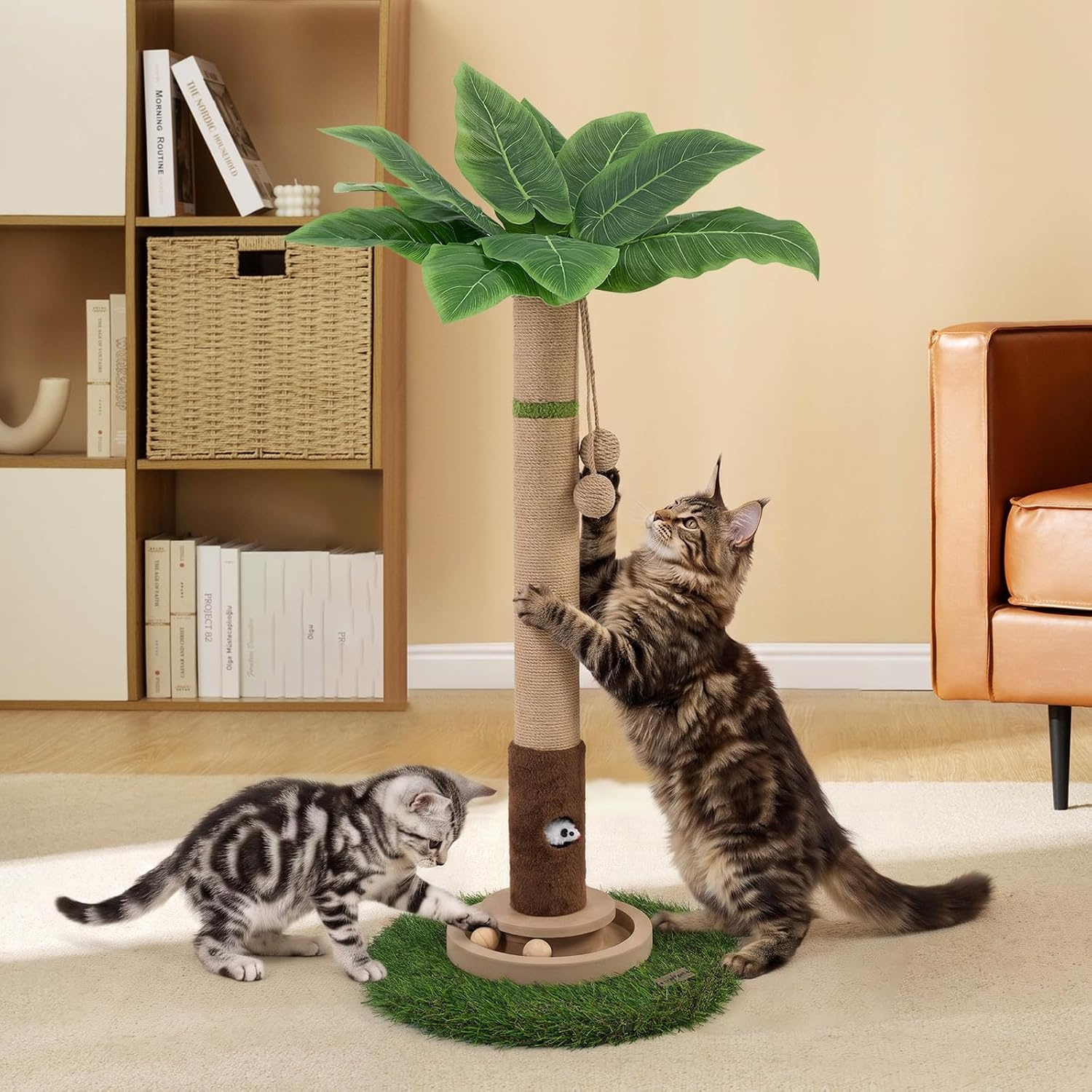 Woochpet Kattenkrabpaal 35 inch hoge krabpaal voor katten krabpalen voor binnenkatten met kattenspeelgoed muisgat en interactieve houten bal voor kittens volwassenen katten