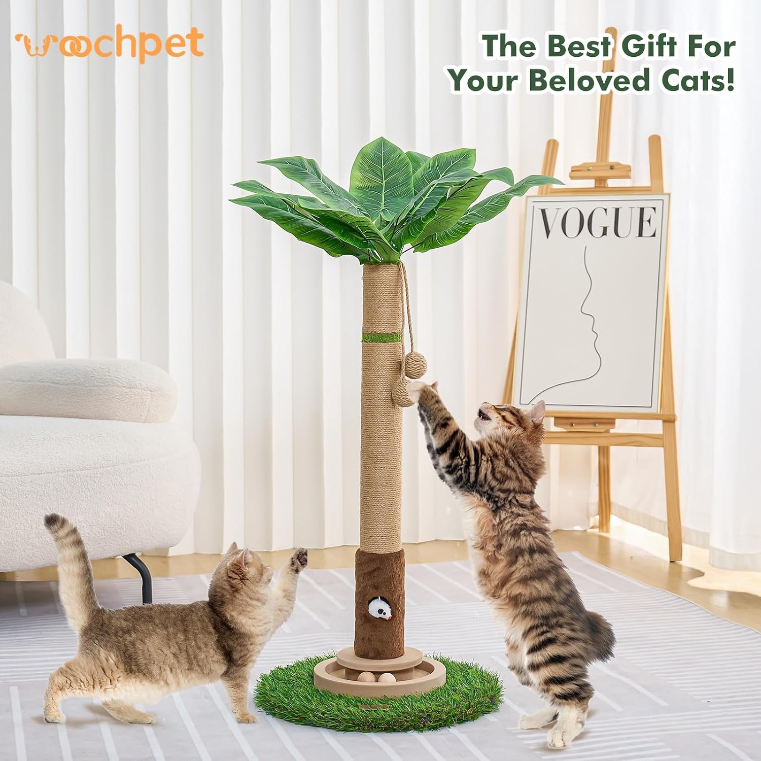 Woochpet Kattenkrabpaal 35 inch hoge krabpaal voor katten krabpalen voor binnenkatten met kattenspeelgoed muisgat en interactieve houten bal voor kittens volwassenen katten