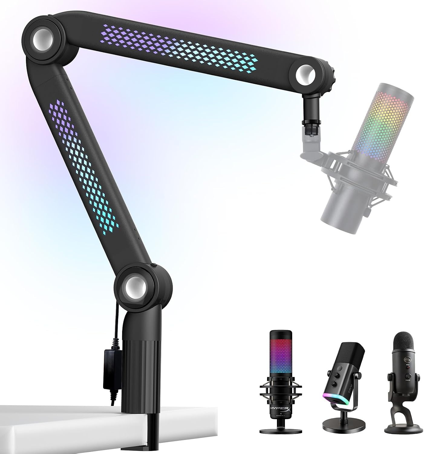 YOUSHARES RGB geluidsopname microfoonarm compatibel met HyperX QuadCast, QuadCast 2, SM7B, MV7, Rode, Razer Mic, Wave en andere Gaming Mic, Bluetooth Boom arm, voor 1/4", 3/8", 5/8" adapter microfoon
