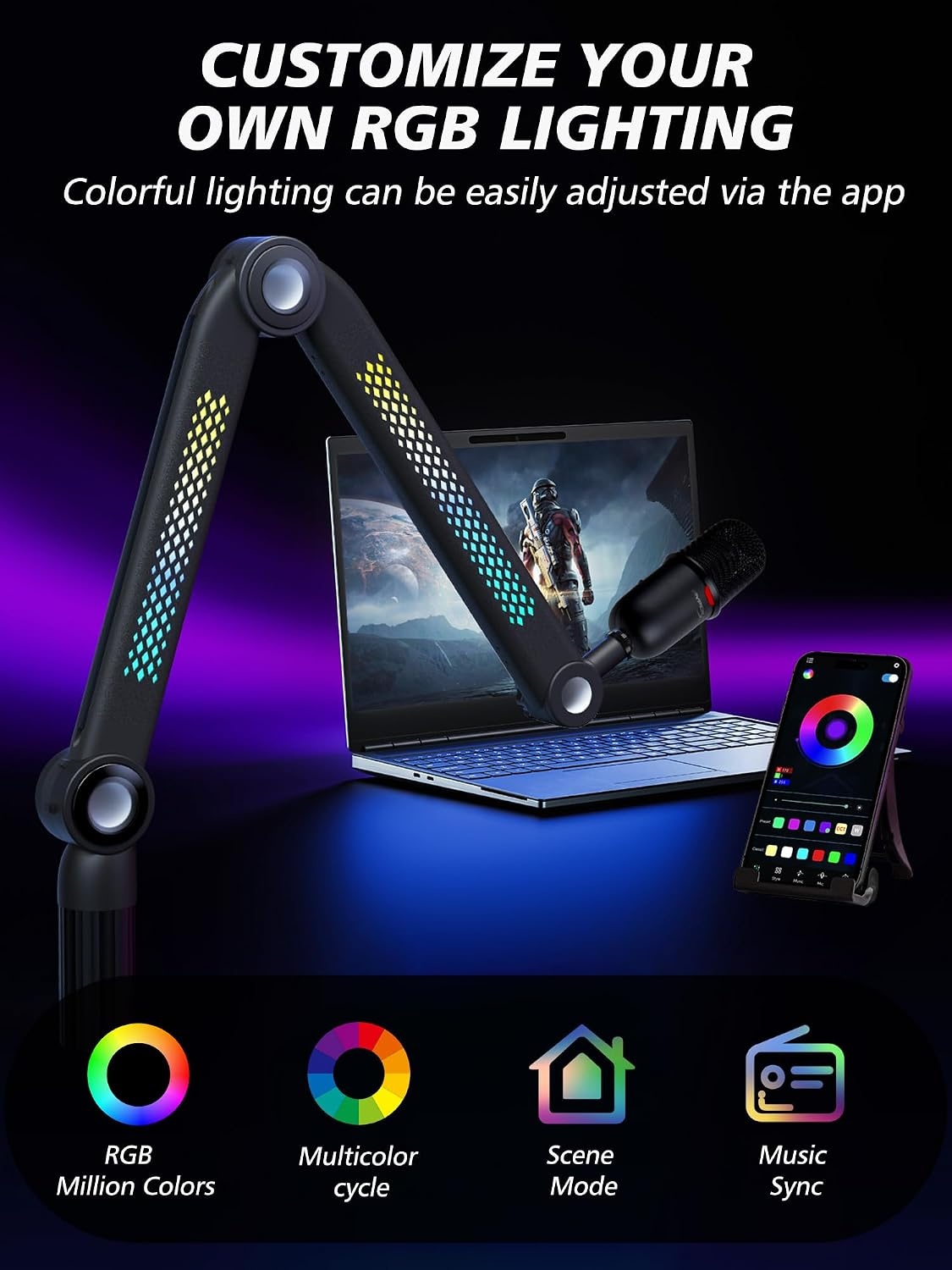 YOUSHARES RGB geluidsopname microfoonarm compatibel met HyperX QuadCast, QuadCast 2, SM7B, MV7, Rode, Razer Mic, Wave en andere Gaming Mic, Bluetooth Boom arm, voor 1/4", 3/8", 5/8" adapter microfoon